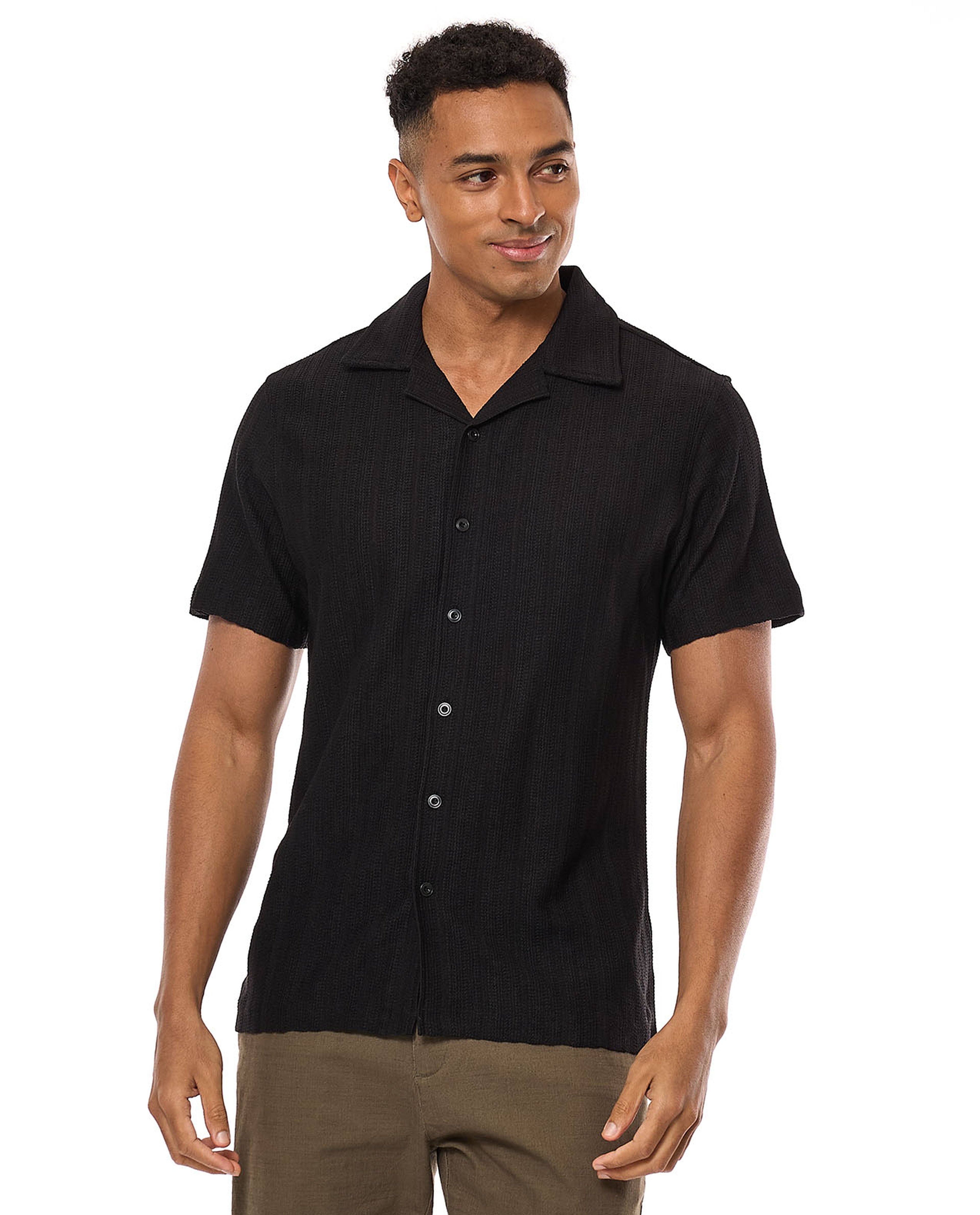 Striped Shirt with Revere Collar and Short Sleeves