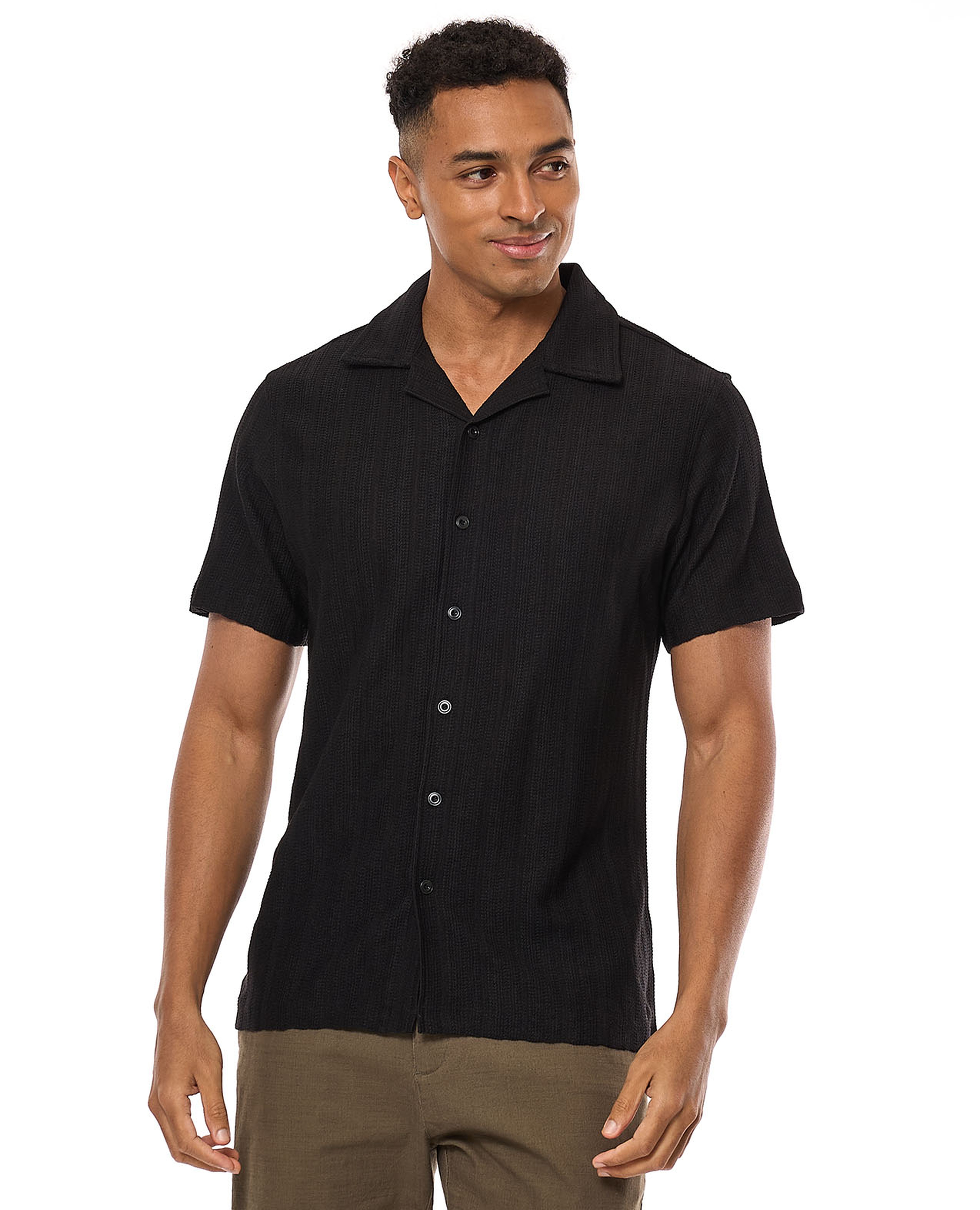 Striped Shirt with Revere Collar and Short Sleeves