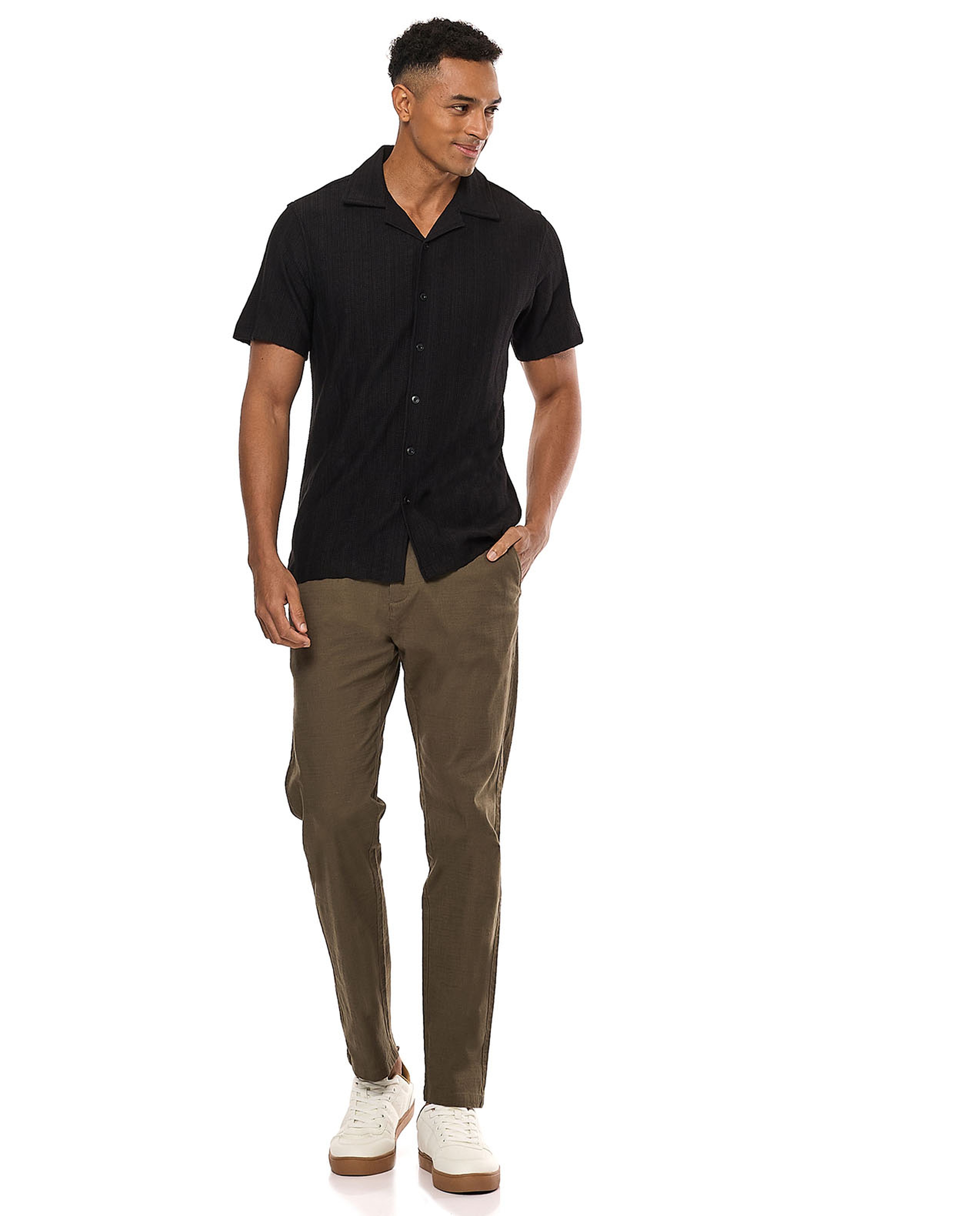 Striped Shirt with Revere Collar and Short Sleeves