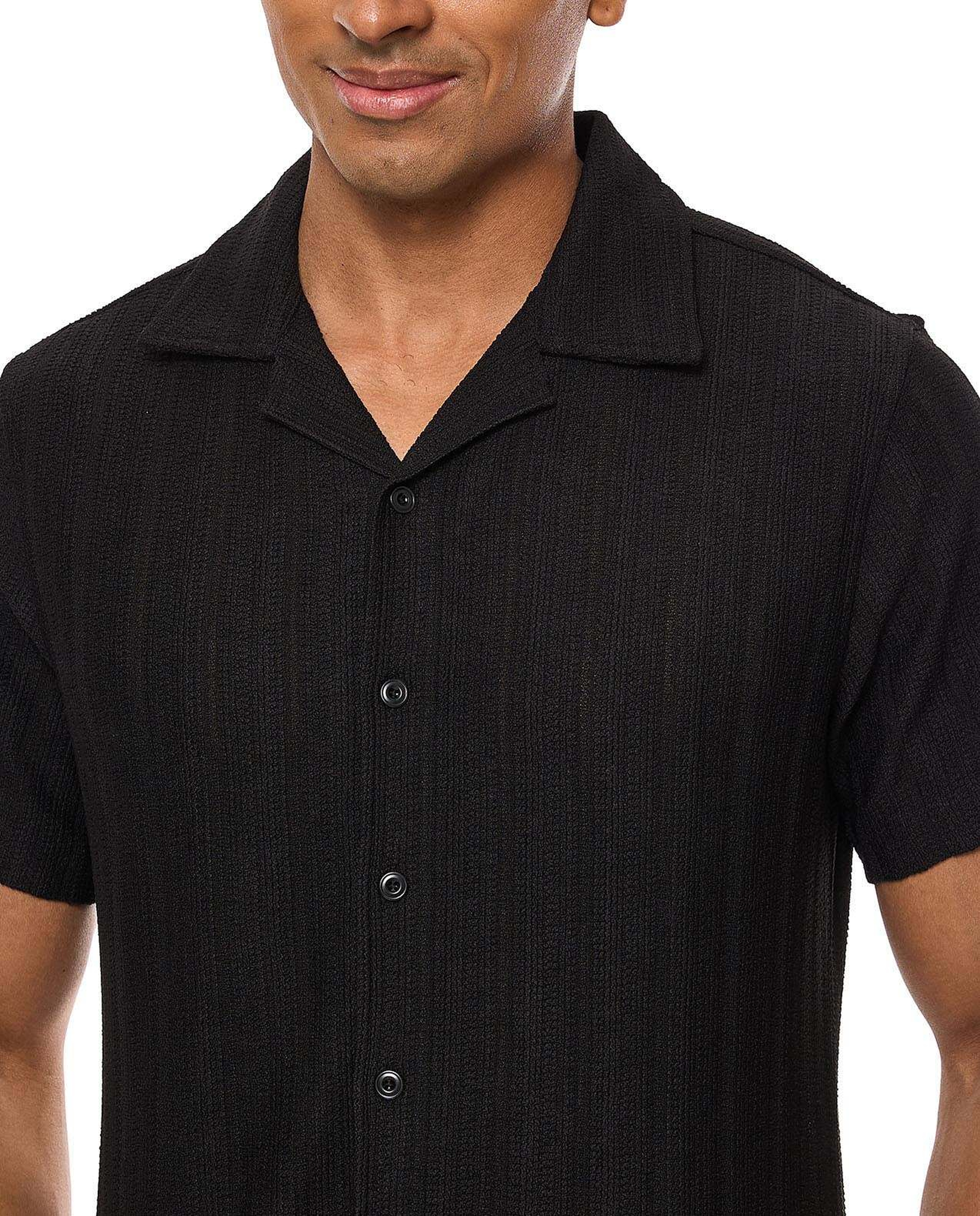 Striped Shirt with Revere Collar and Short Sleeves