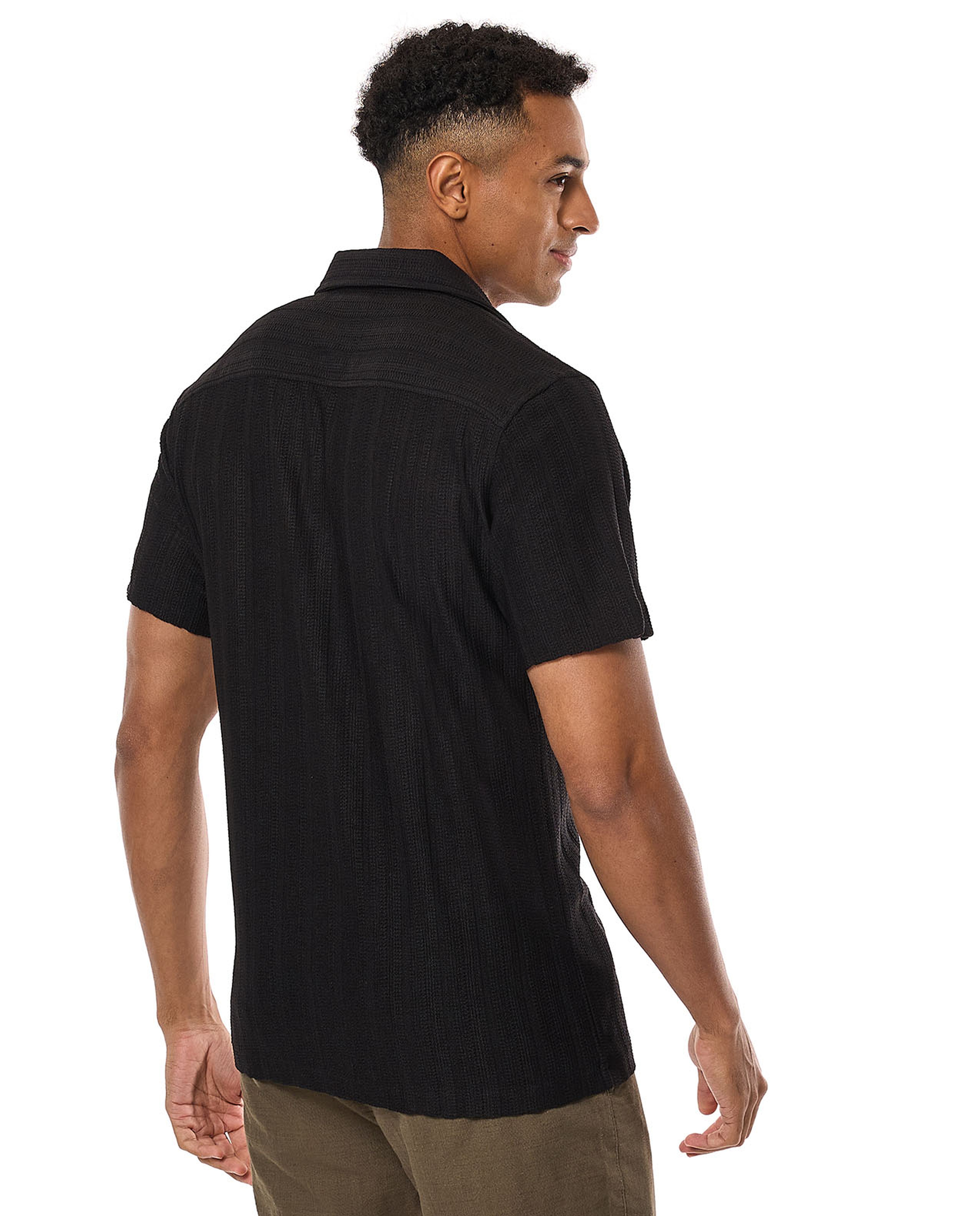 Striped Shirt with Revere Collar and Short Sleeves