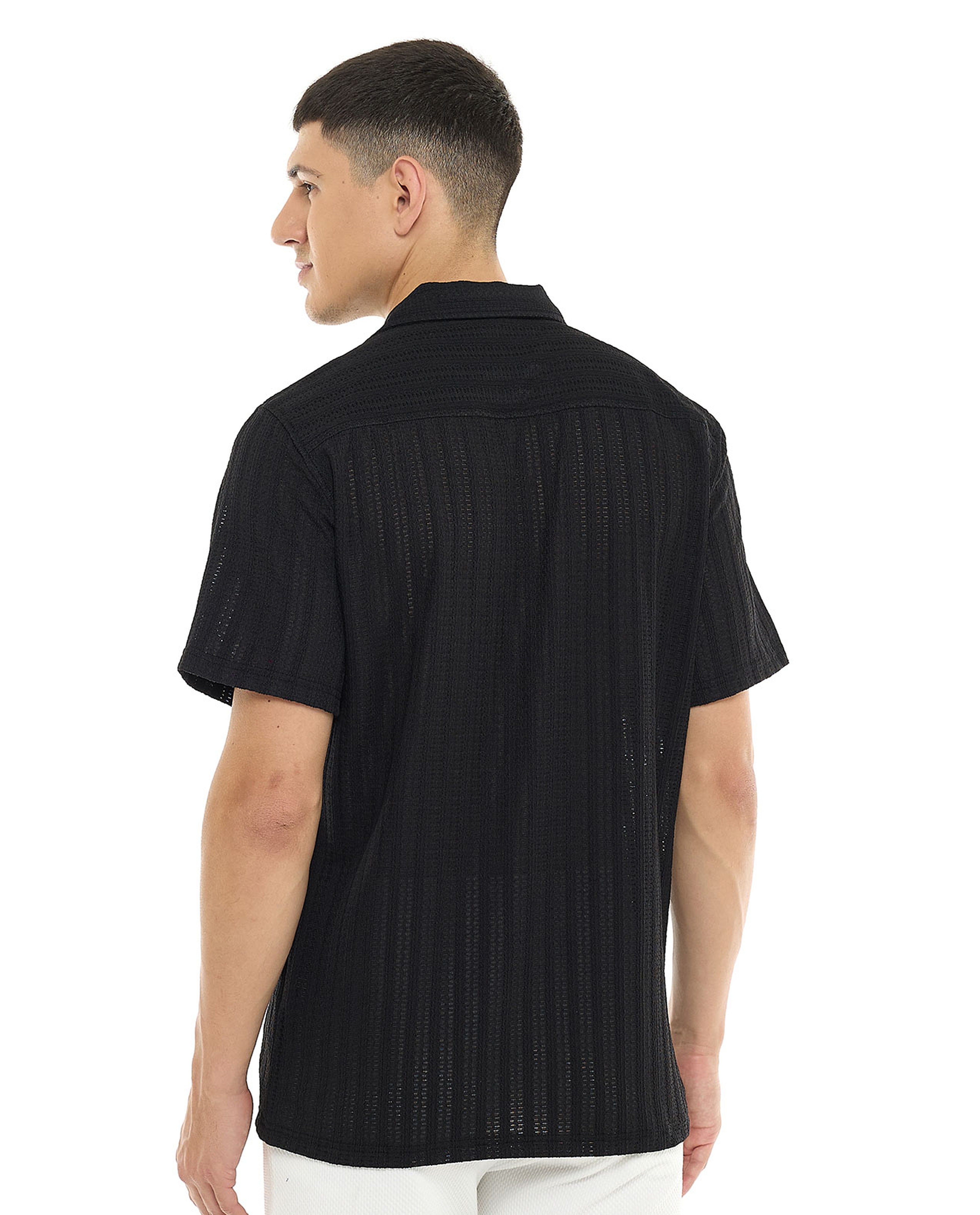 Textured Shirt with Revere Collar and Short Sleeves