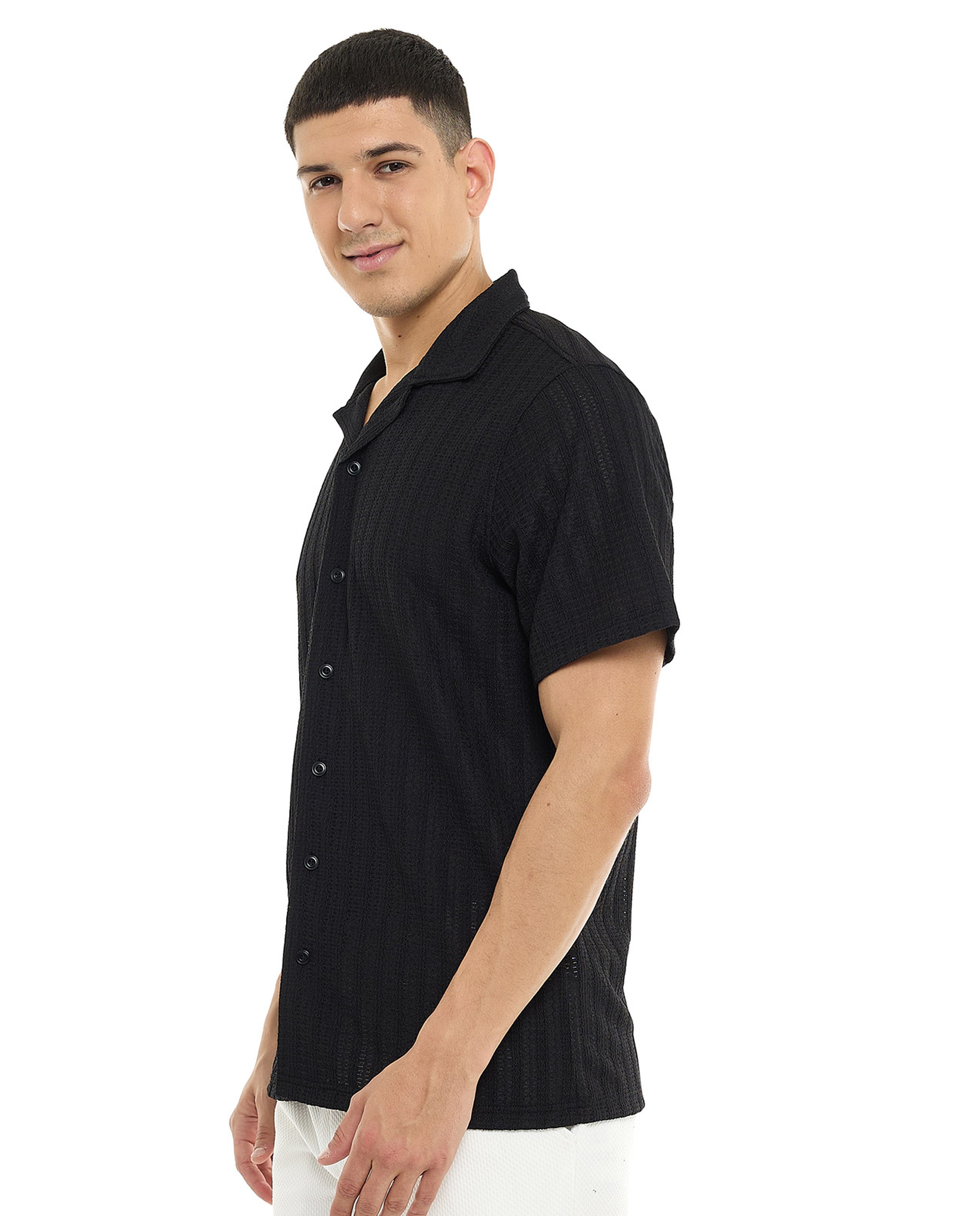Textured Shirt with Revere Collar and Short Sleeves