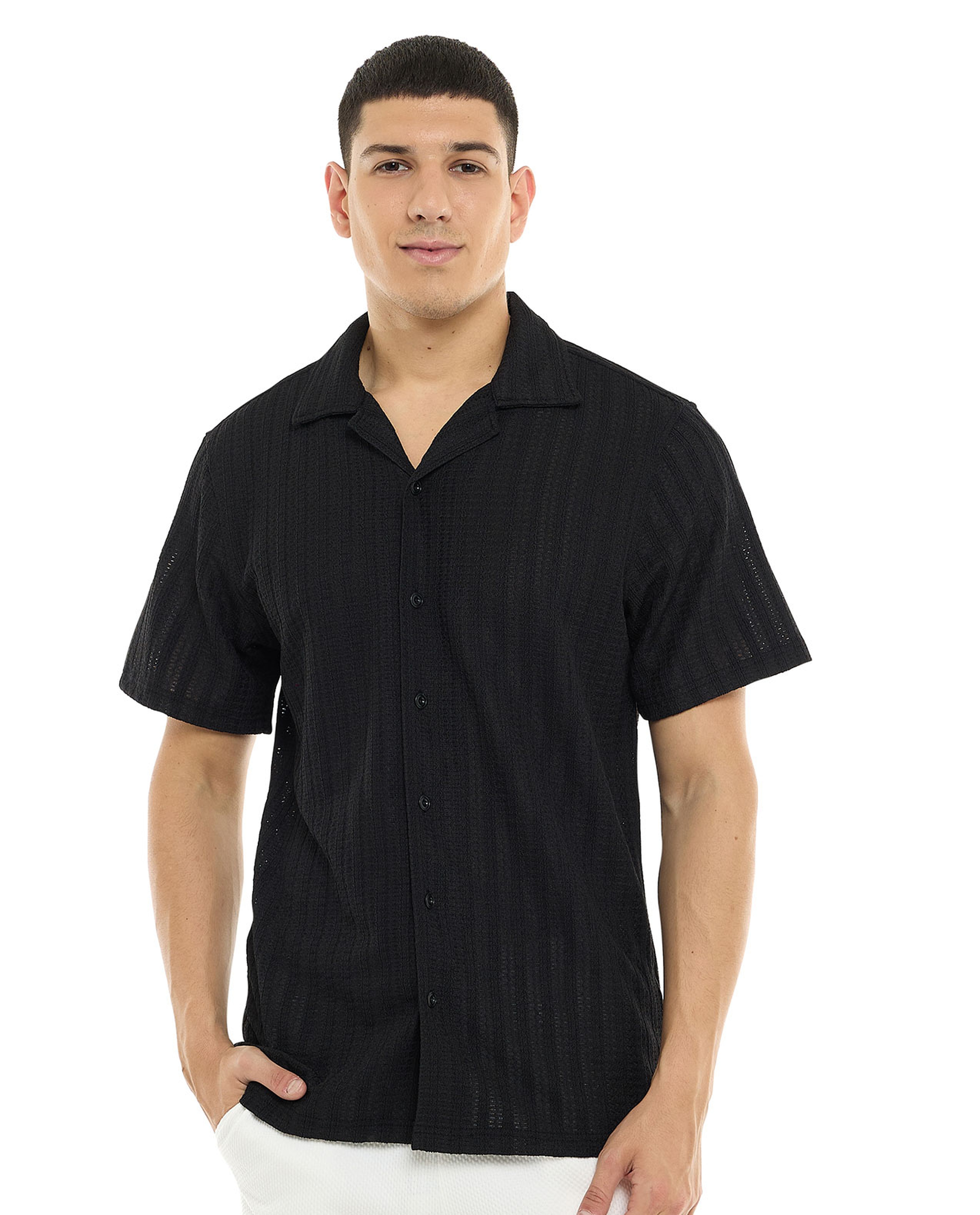 Textured Shirt with Revere Collar and Short Sleeves