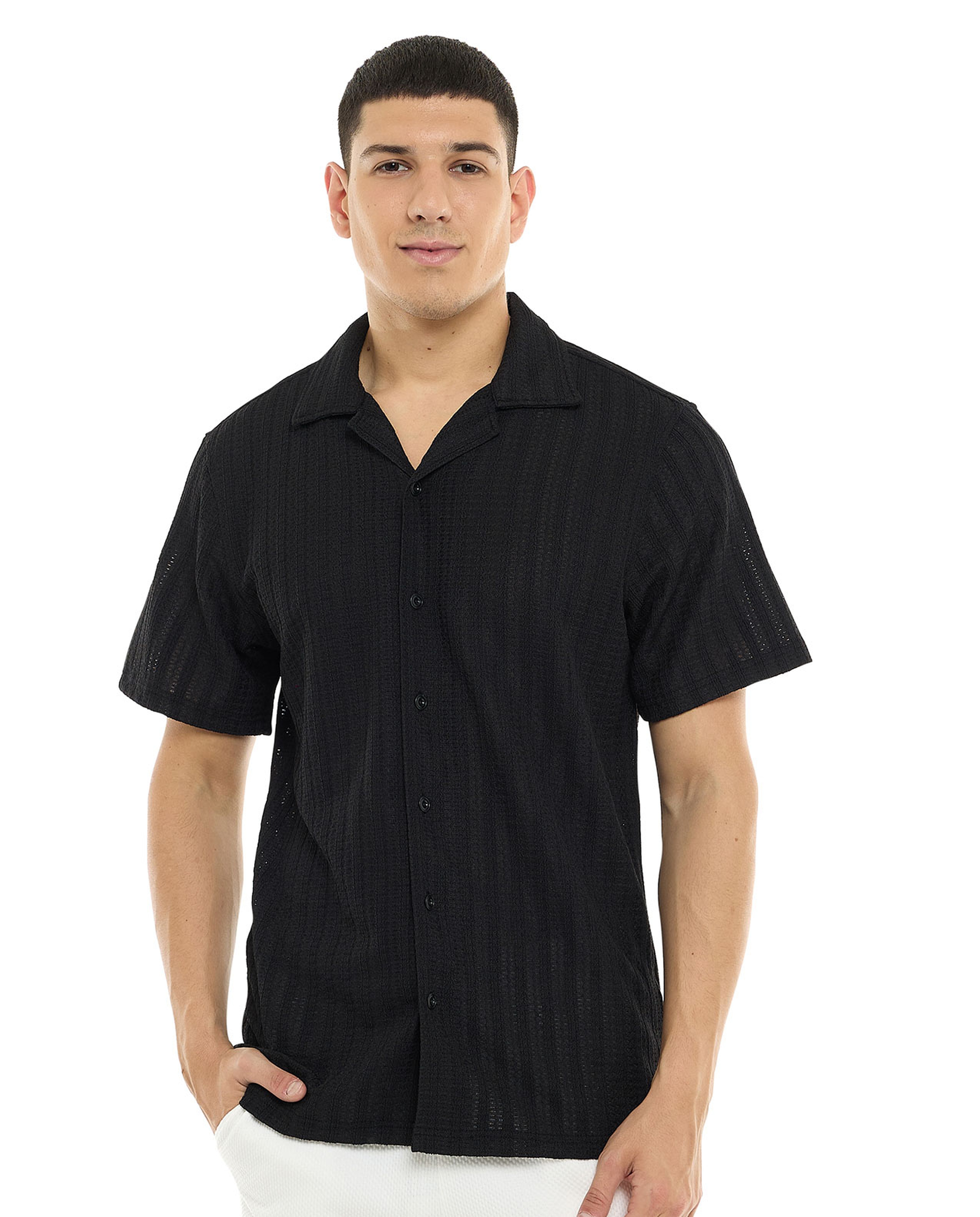Textured Shirt with Revere Collar and Short Sleeves