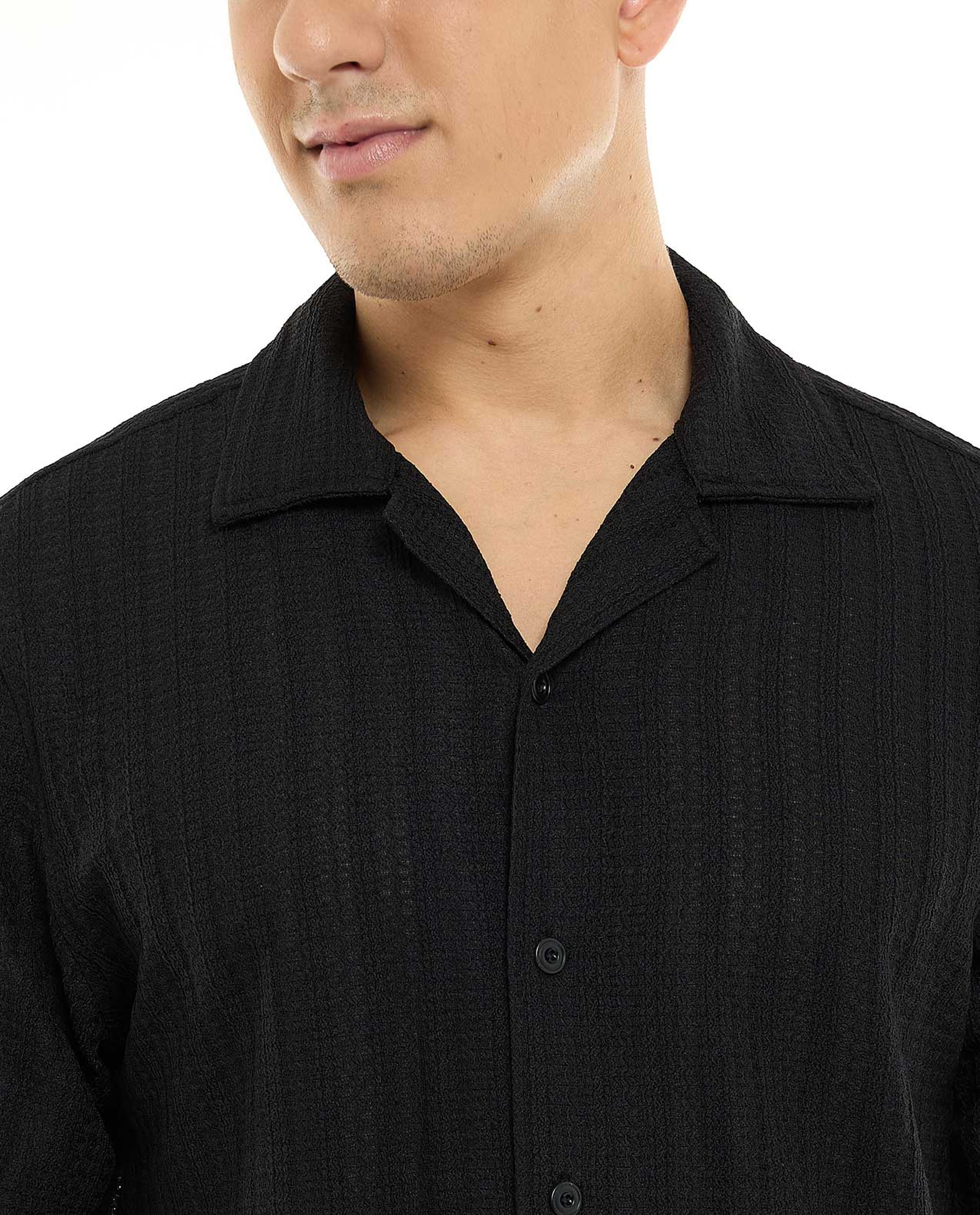 Textured Shirt with Revere Collar and Short Sleeves