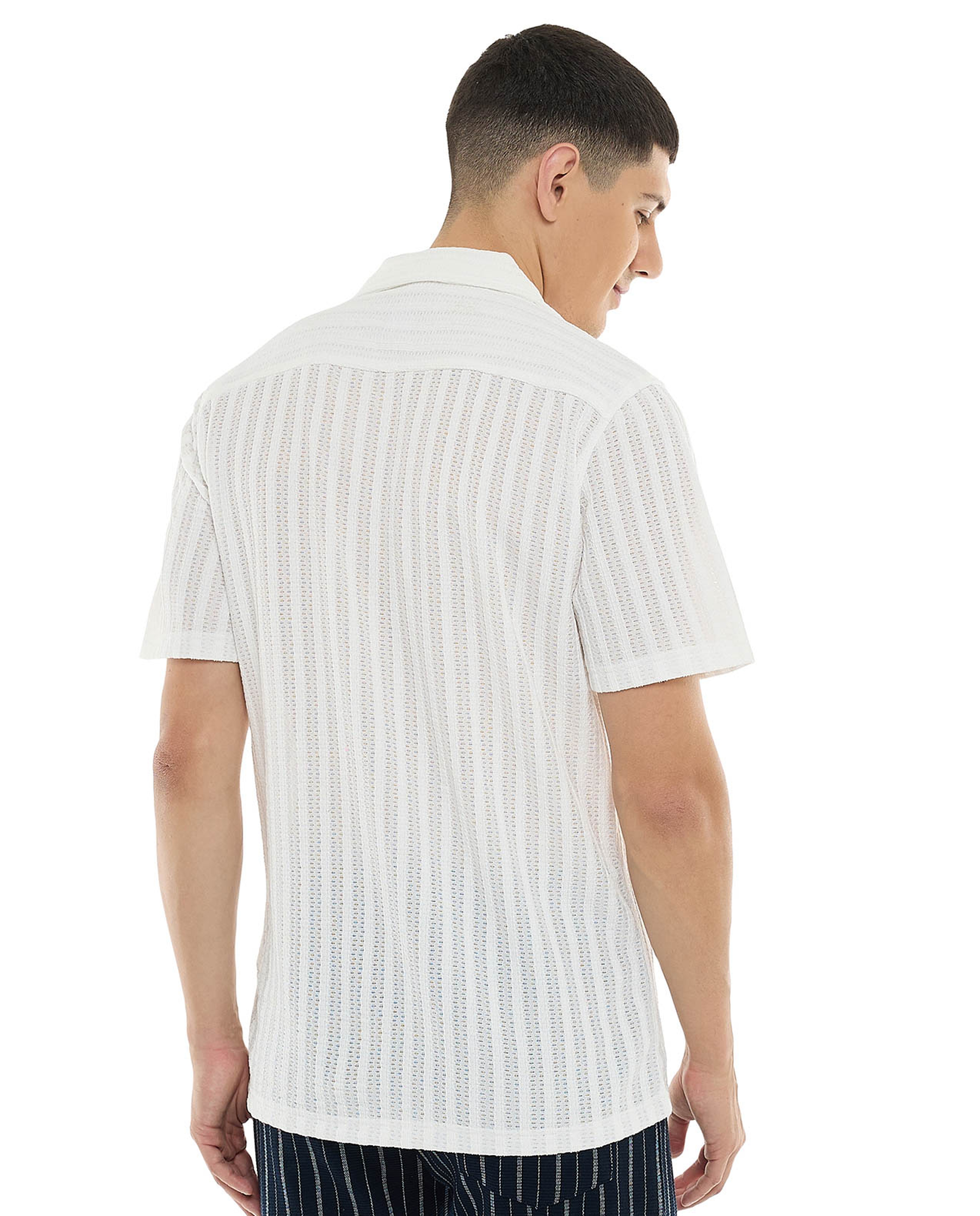 Textured Shirt with Revere Collar and Short Sleeves