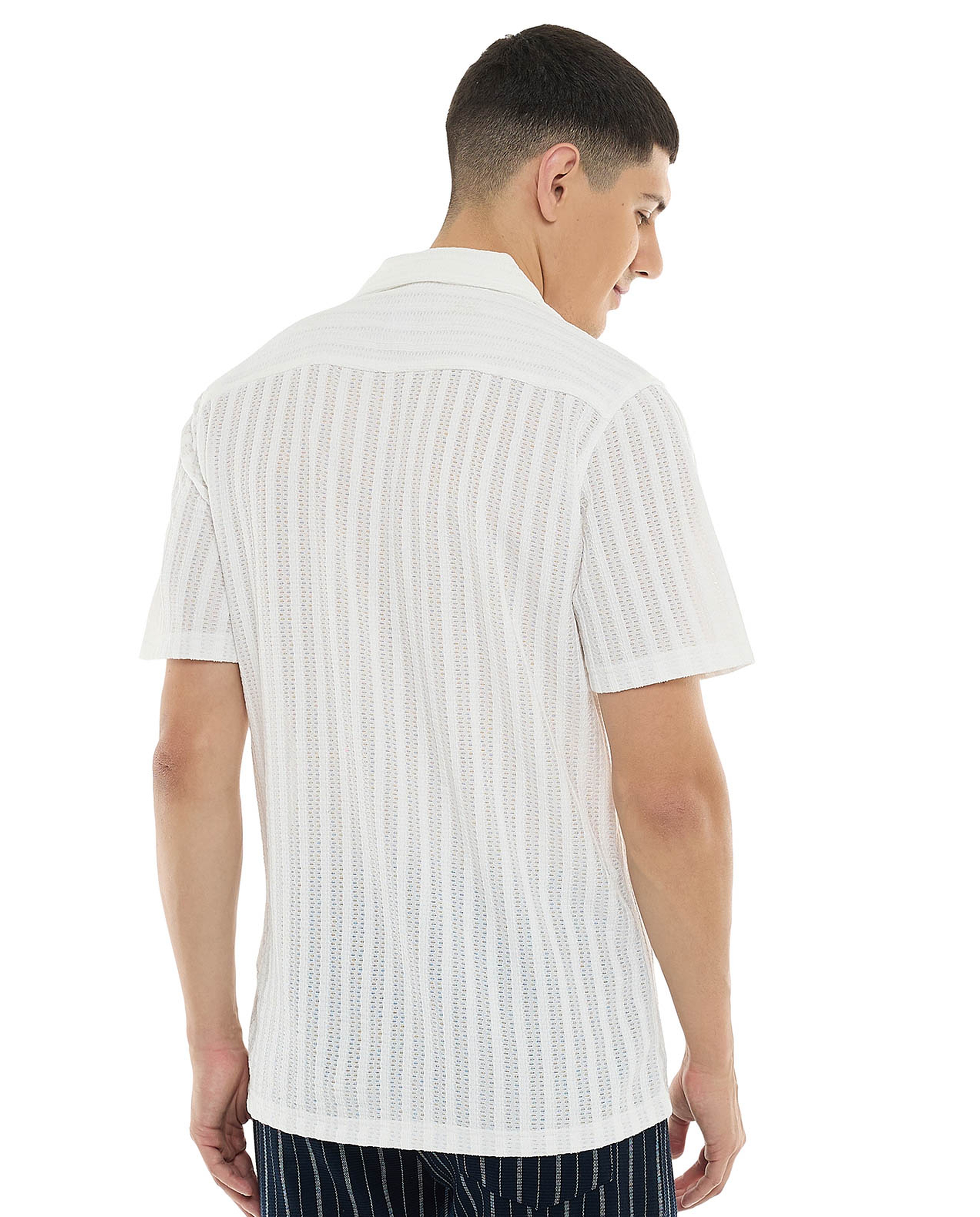 Textured Shirt with Revere Collar and Short Sleeves