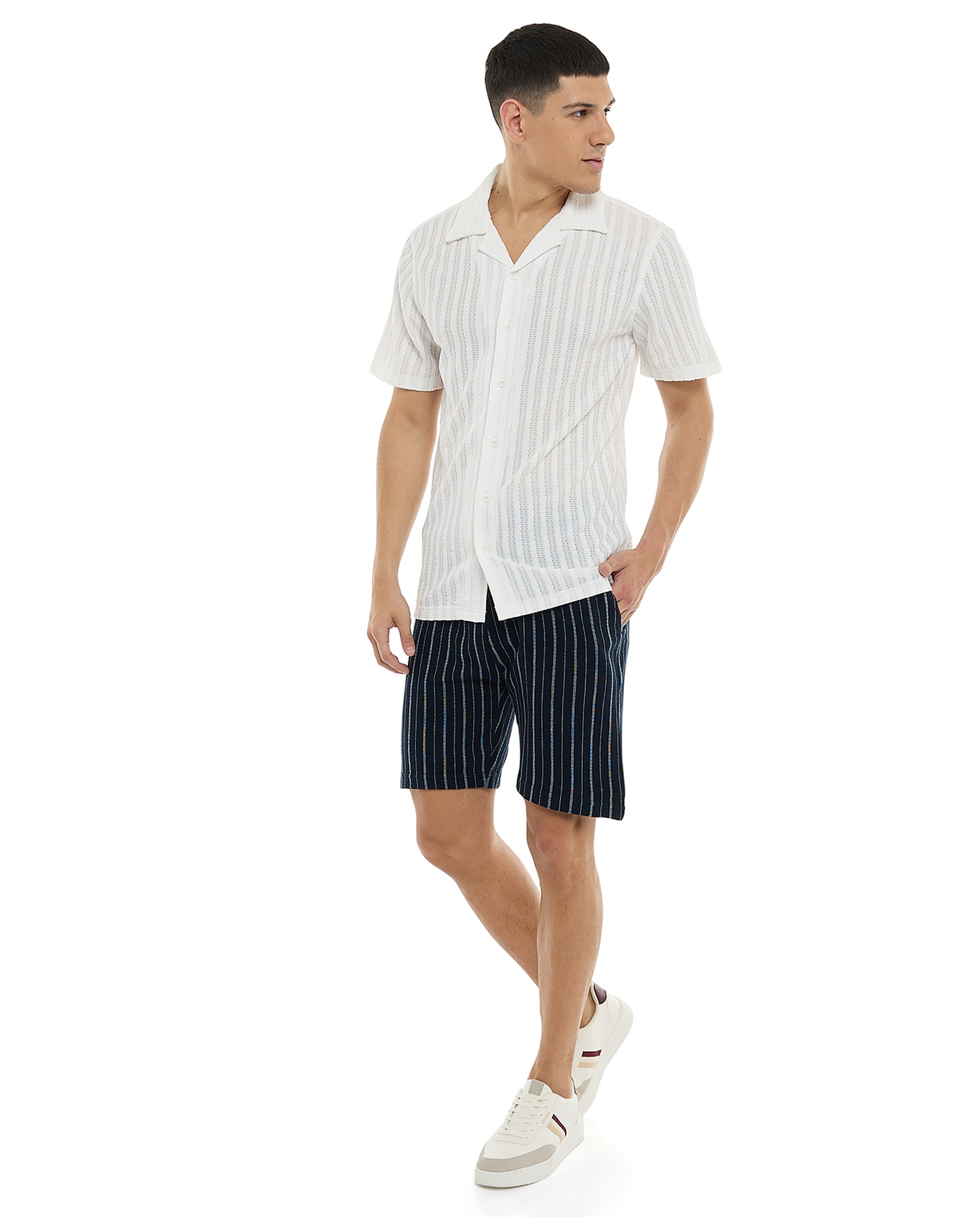 Textured Shirt with Revere Collar and Short Sleeves