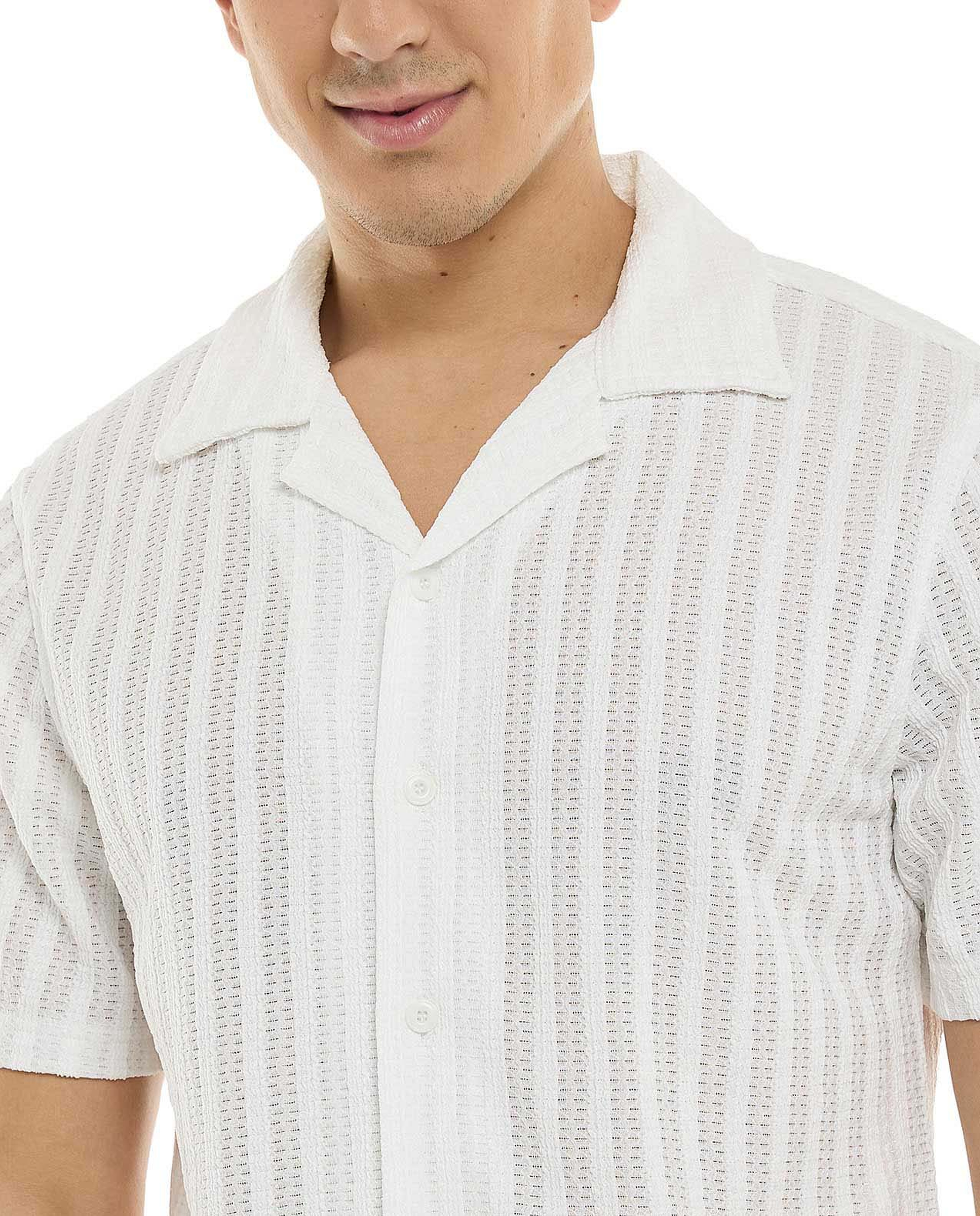 Textured Shirt with Revere Collar and Short Sleeves