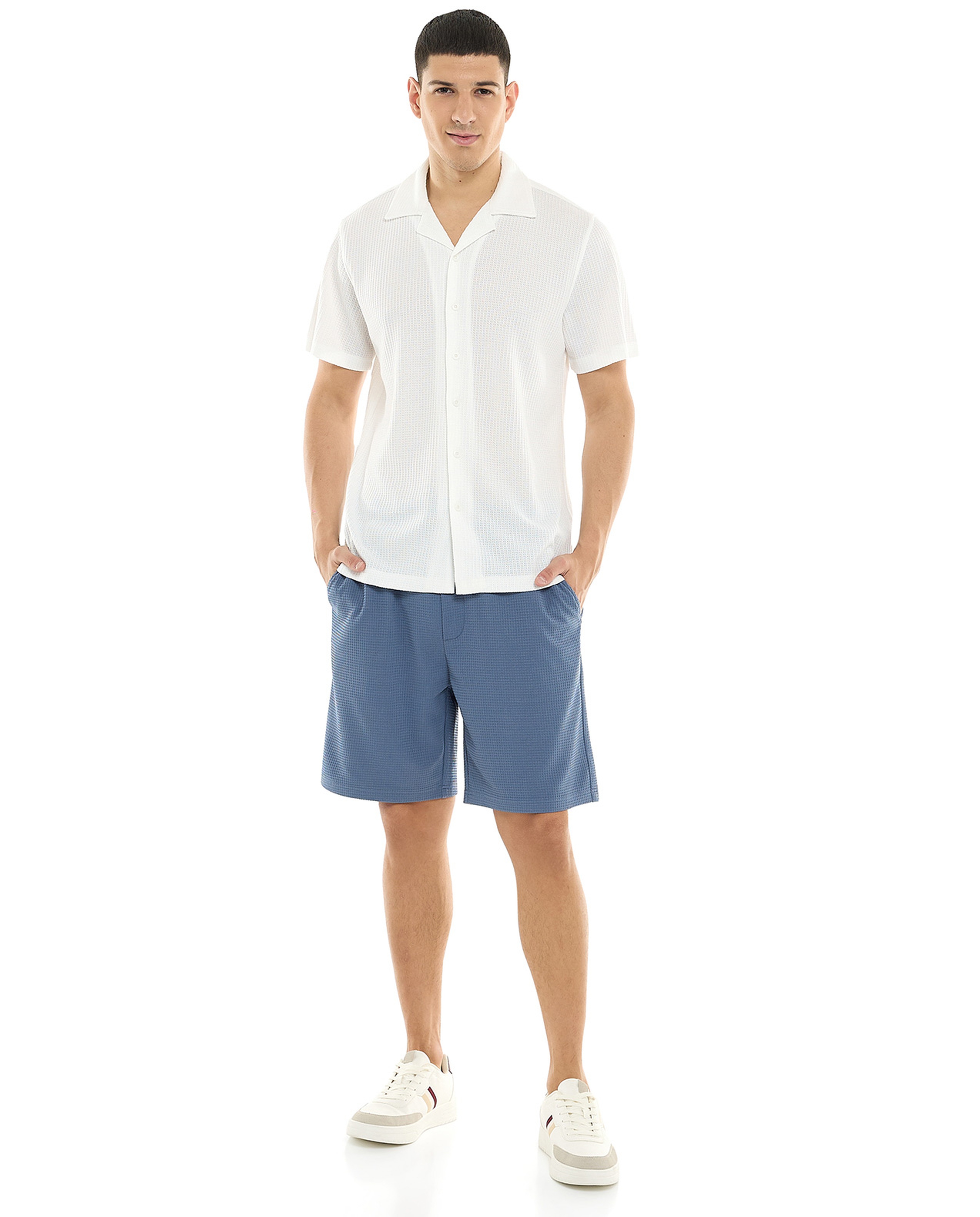 Textured Shirt with Revere Collar and Short Sleeves