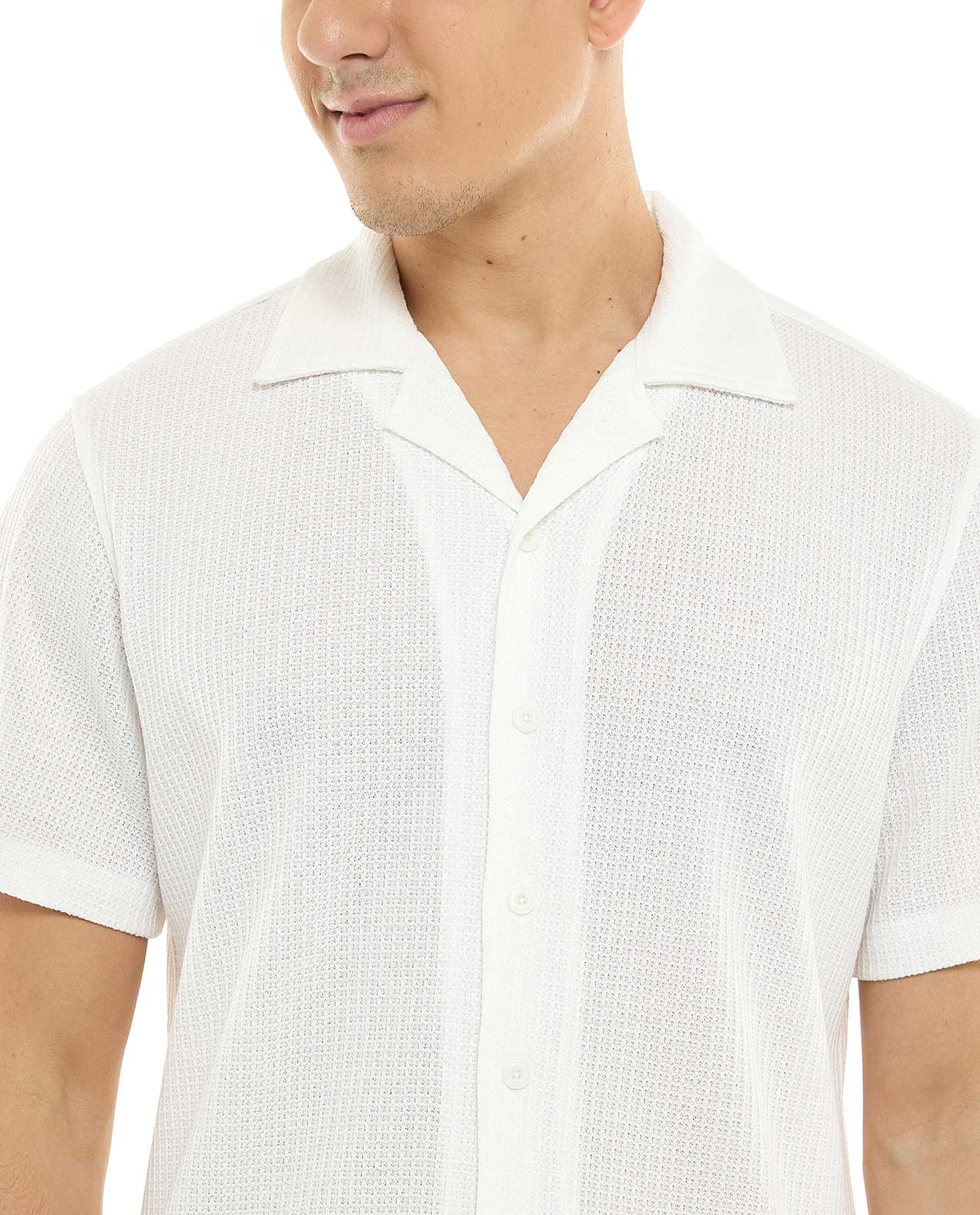 Textured Shirt with Revere Collar and Short Sleeves