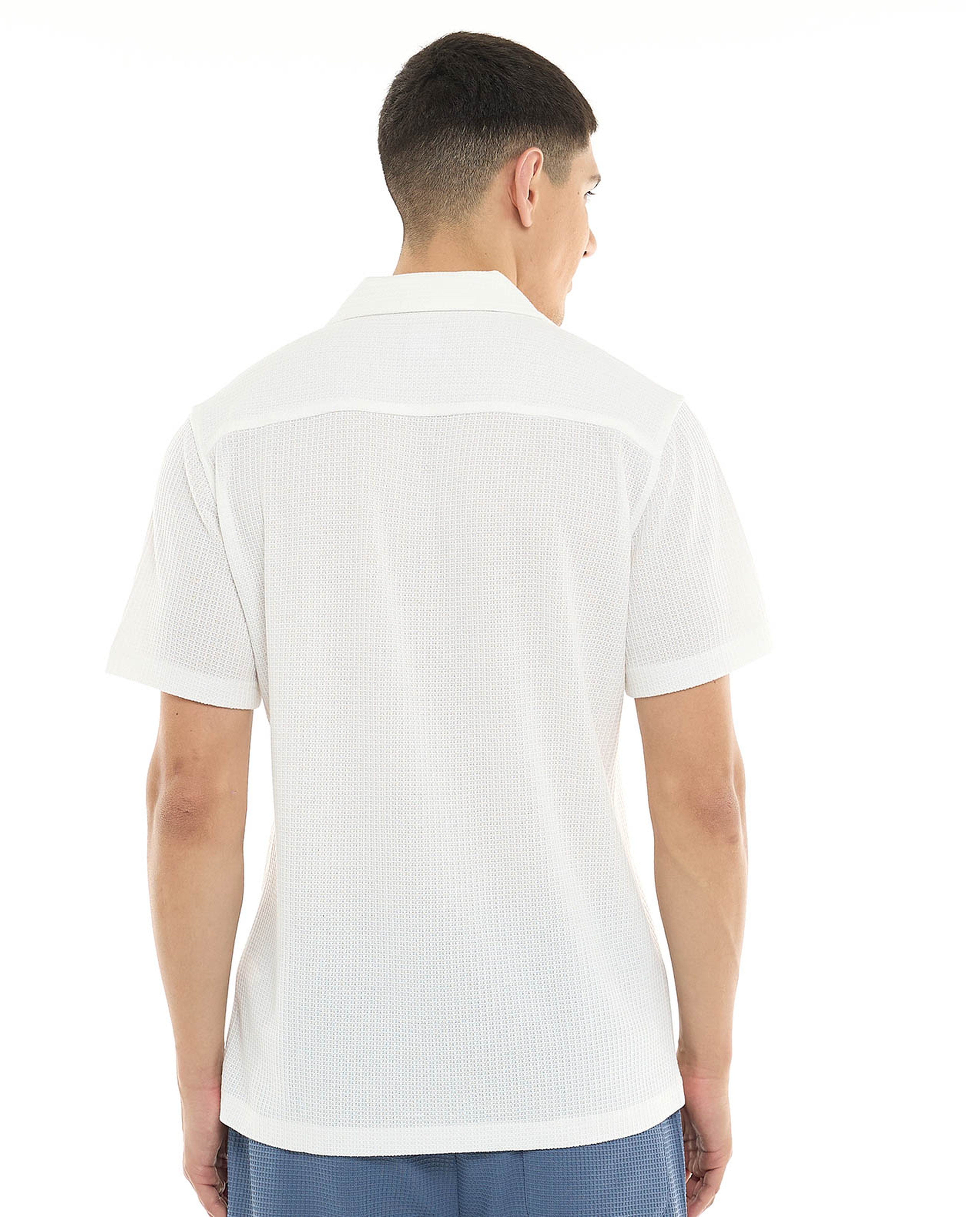 Textured Shirt with Revere Collar and Short Sleeves