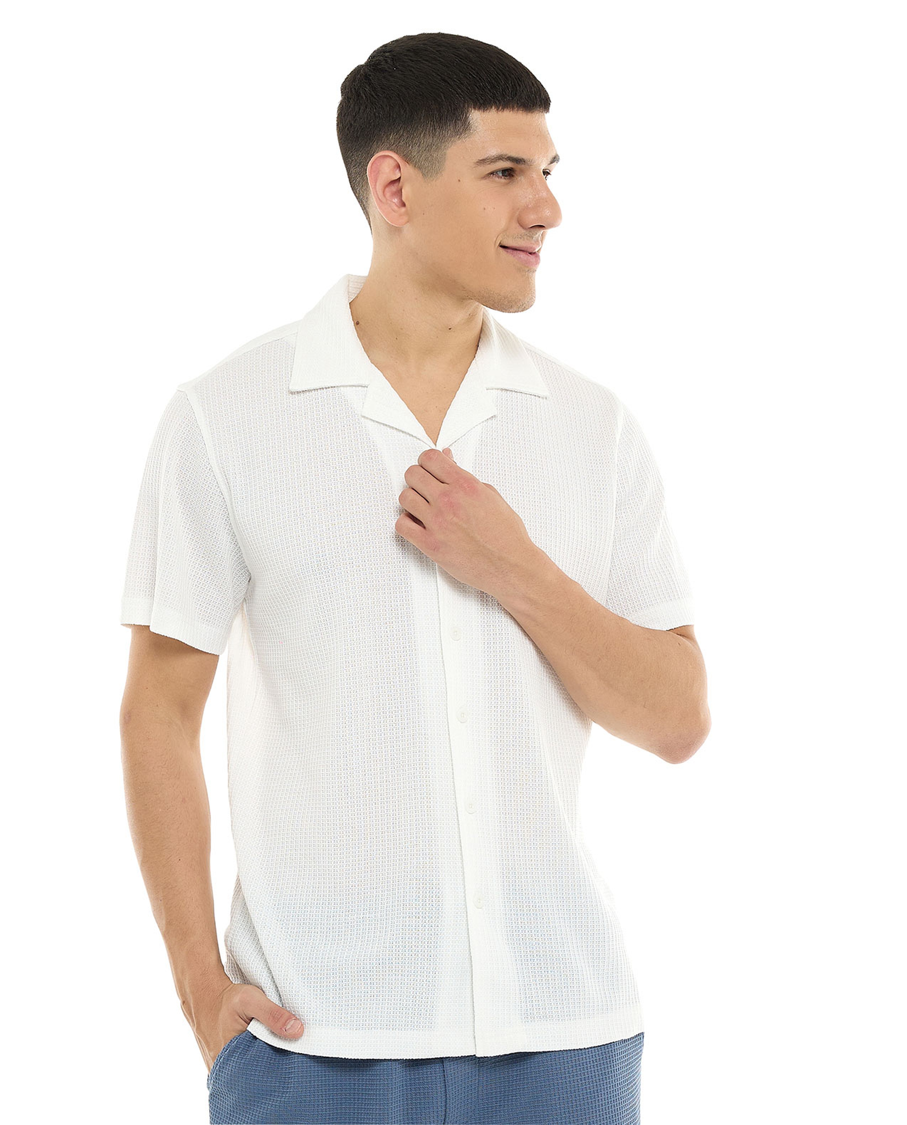 Textured Shirt with Revere Collar and Short Sleeves