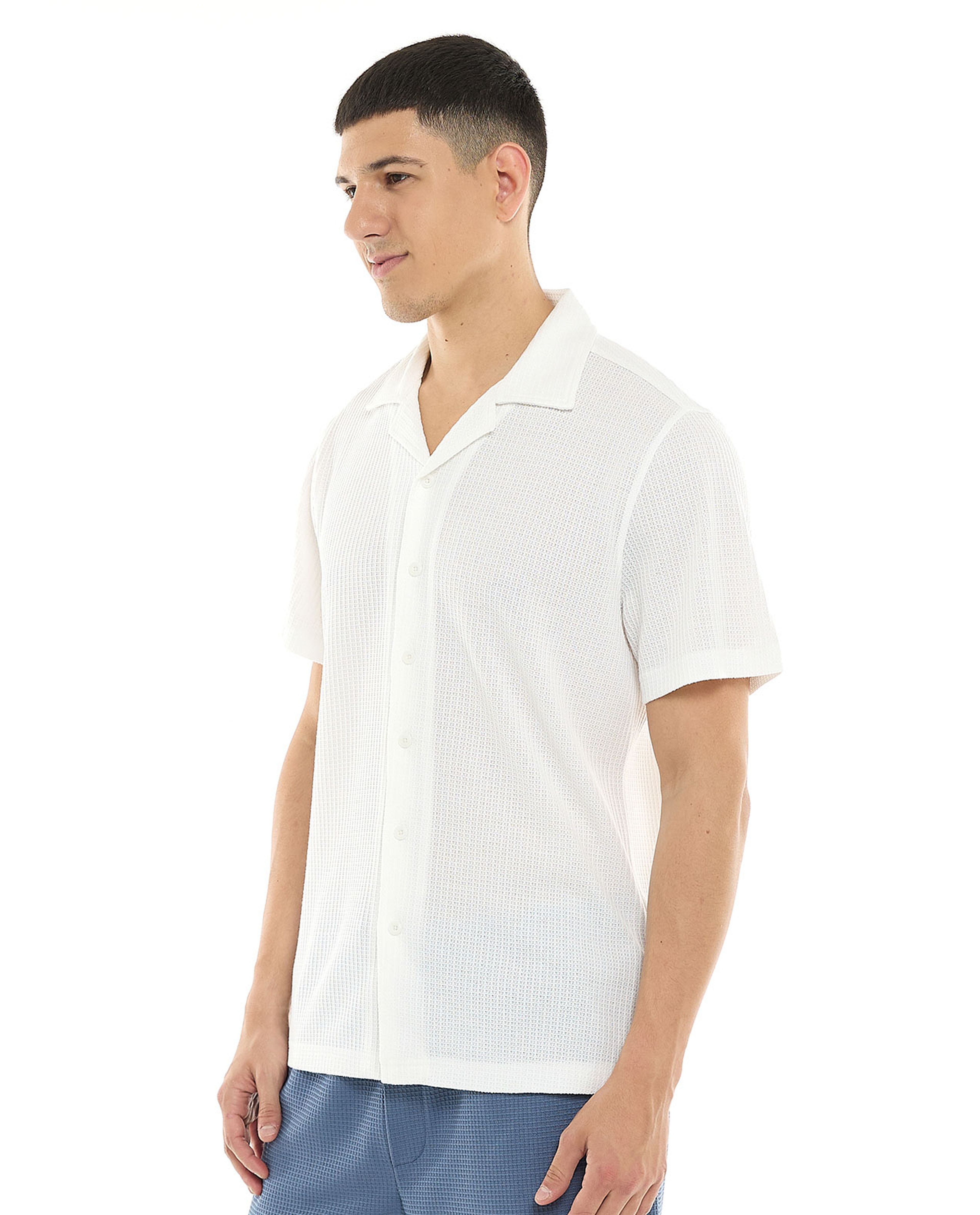 Textured Shirt with Revere Collar and Short Sleeves