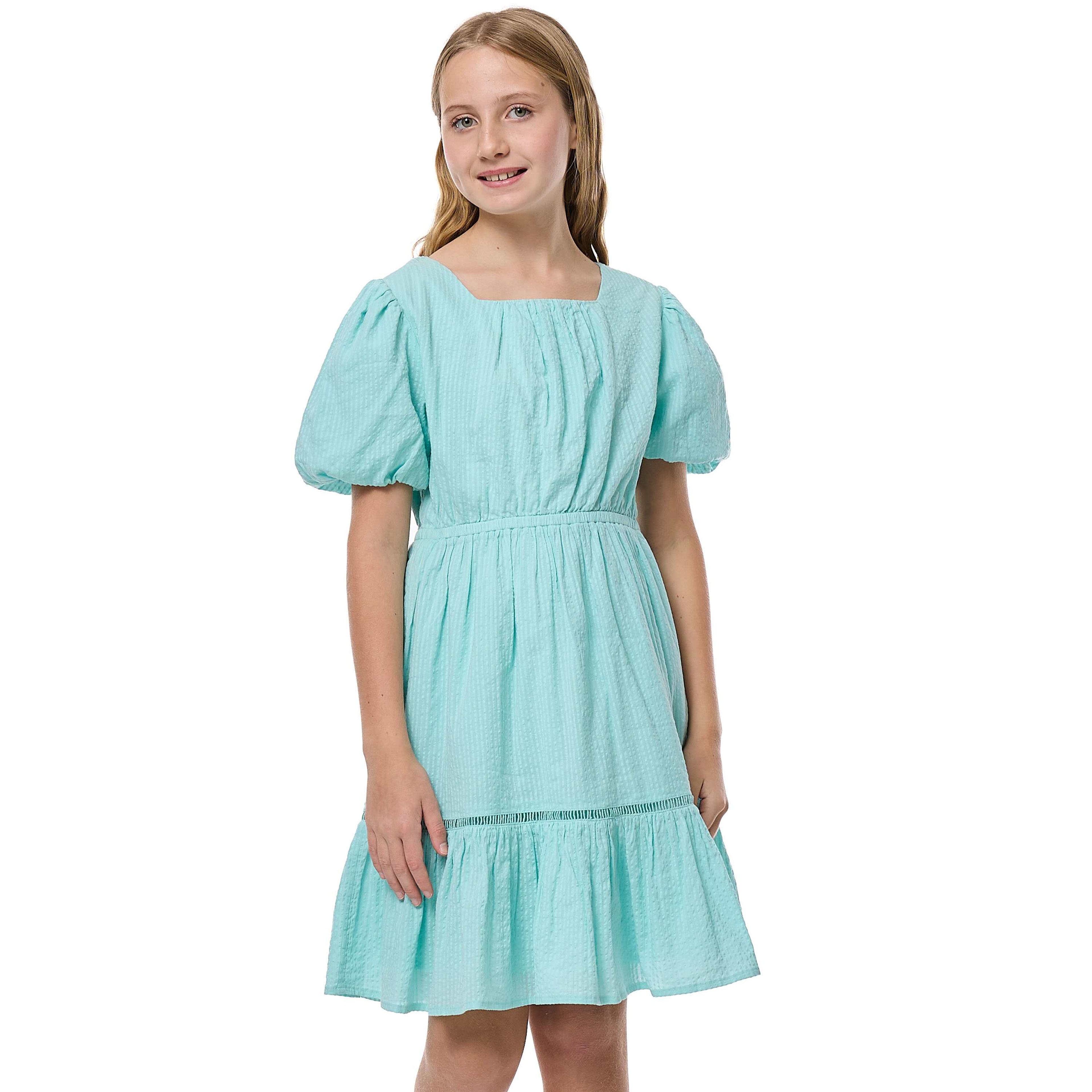Woven Ruffle Hem Dress With Square Neck And Balloon Sleeves