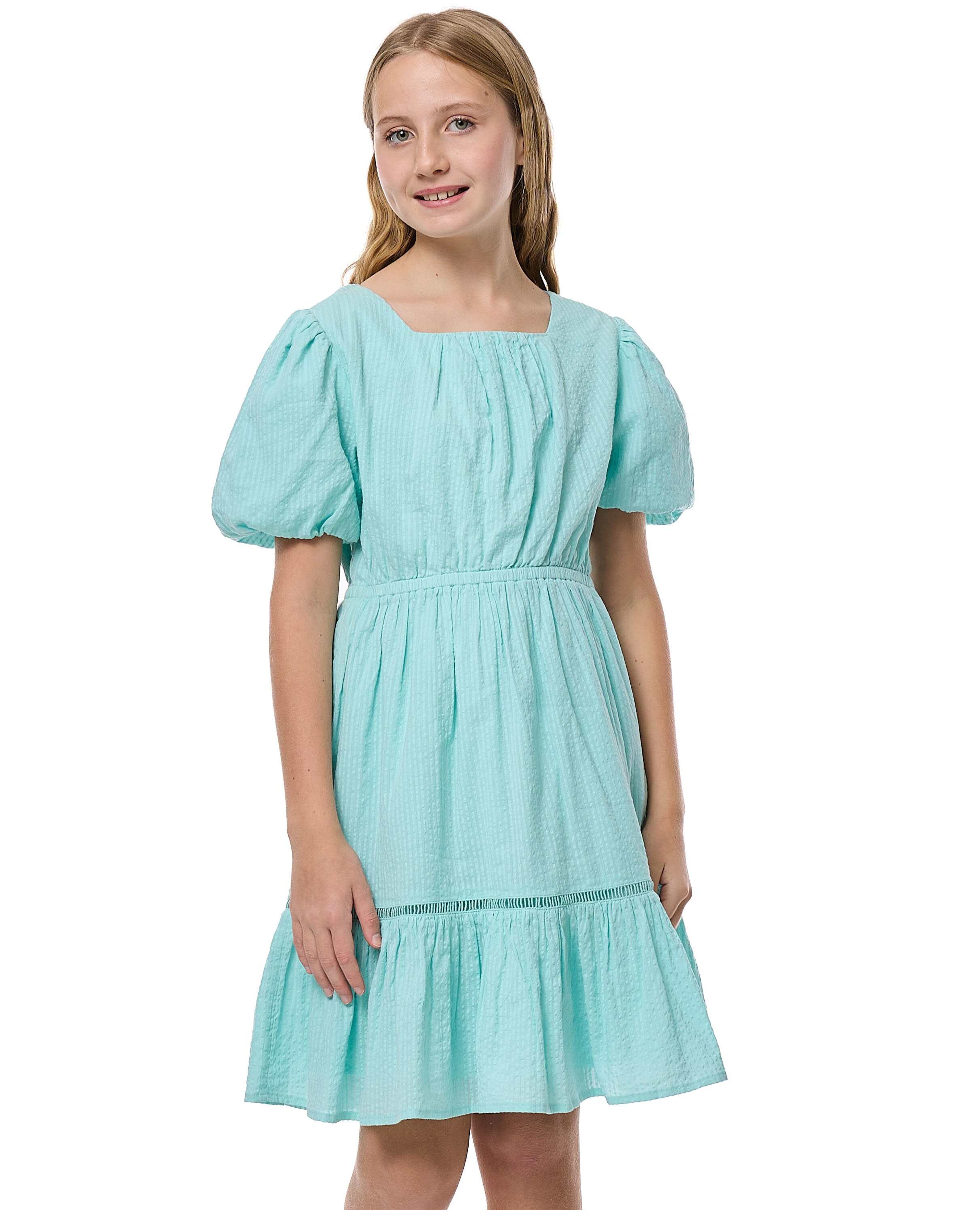 Woven Ruffle Hem Dress With Square Neck And Balloon Sleeves