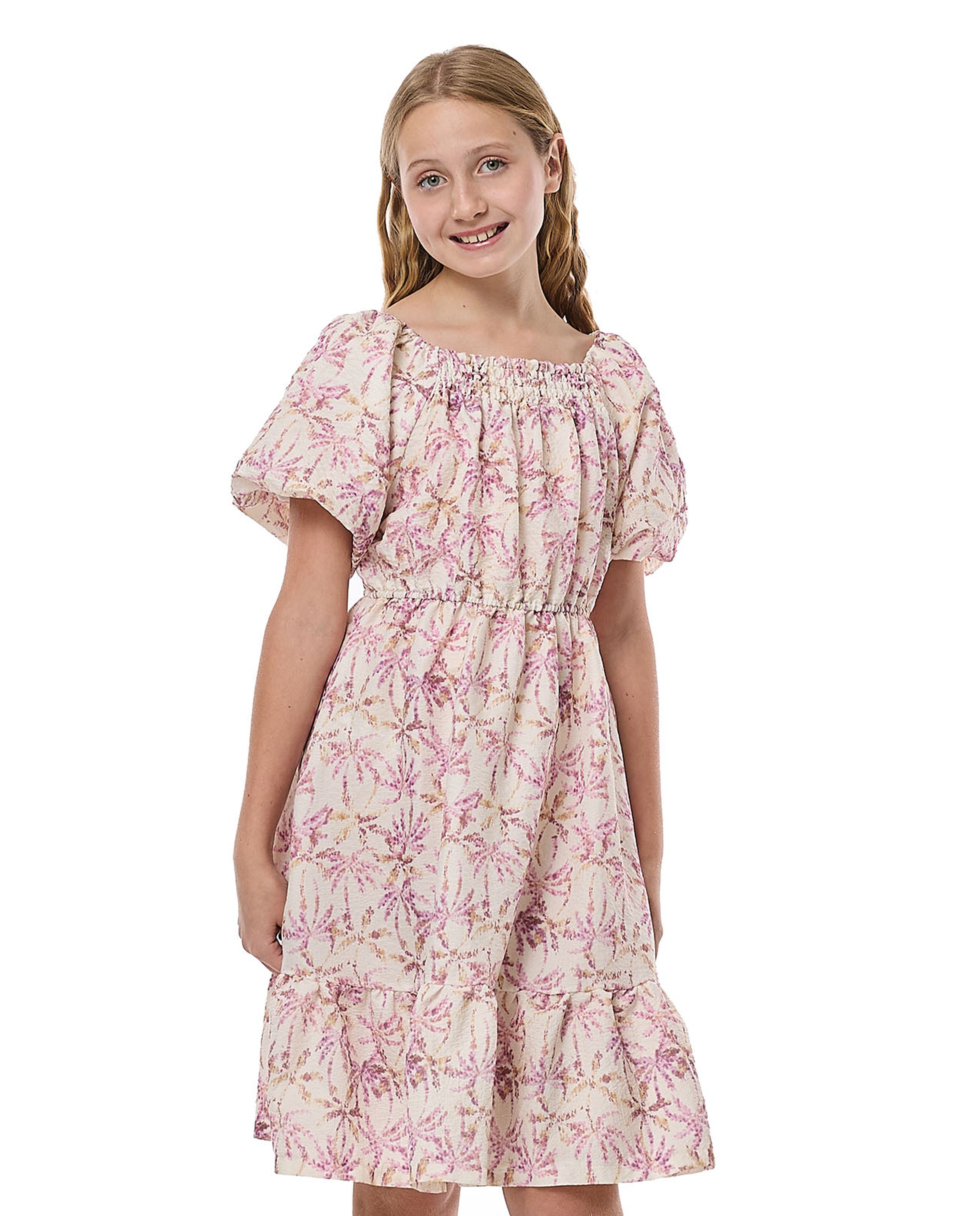 Printed Ruffle Hem Dress With Square Neck And Balloon Sleeves