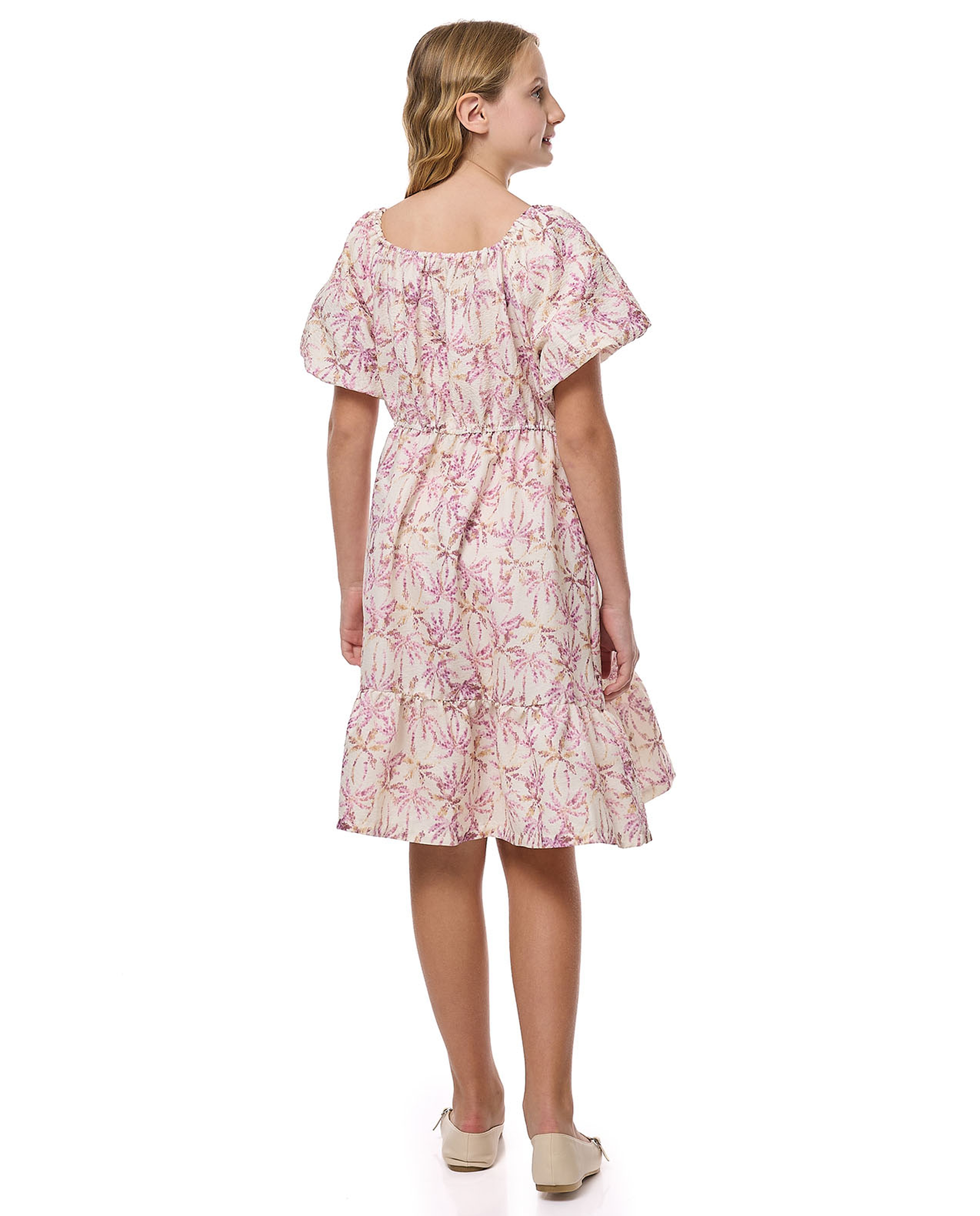 Printed Ruffle Hem Dress With Square Neck And Balloon Sleeves