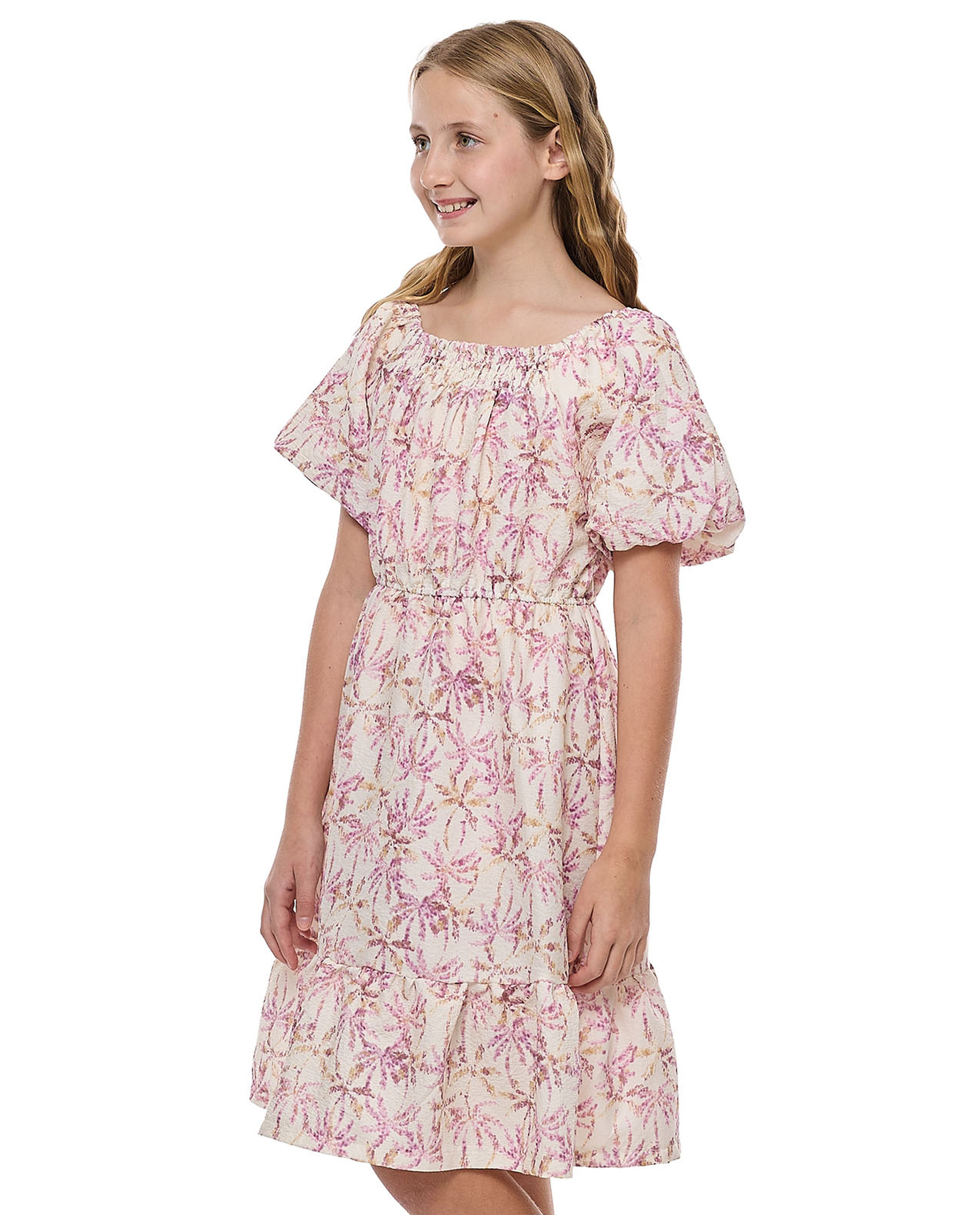 Printed Ruffle Hem Dress With Square Neck And Balloon Sleeves