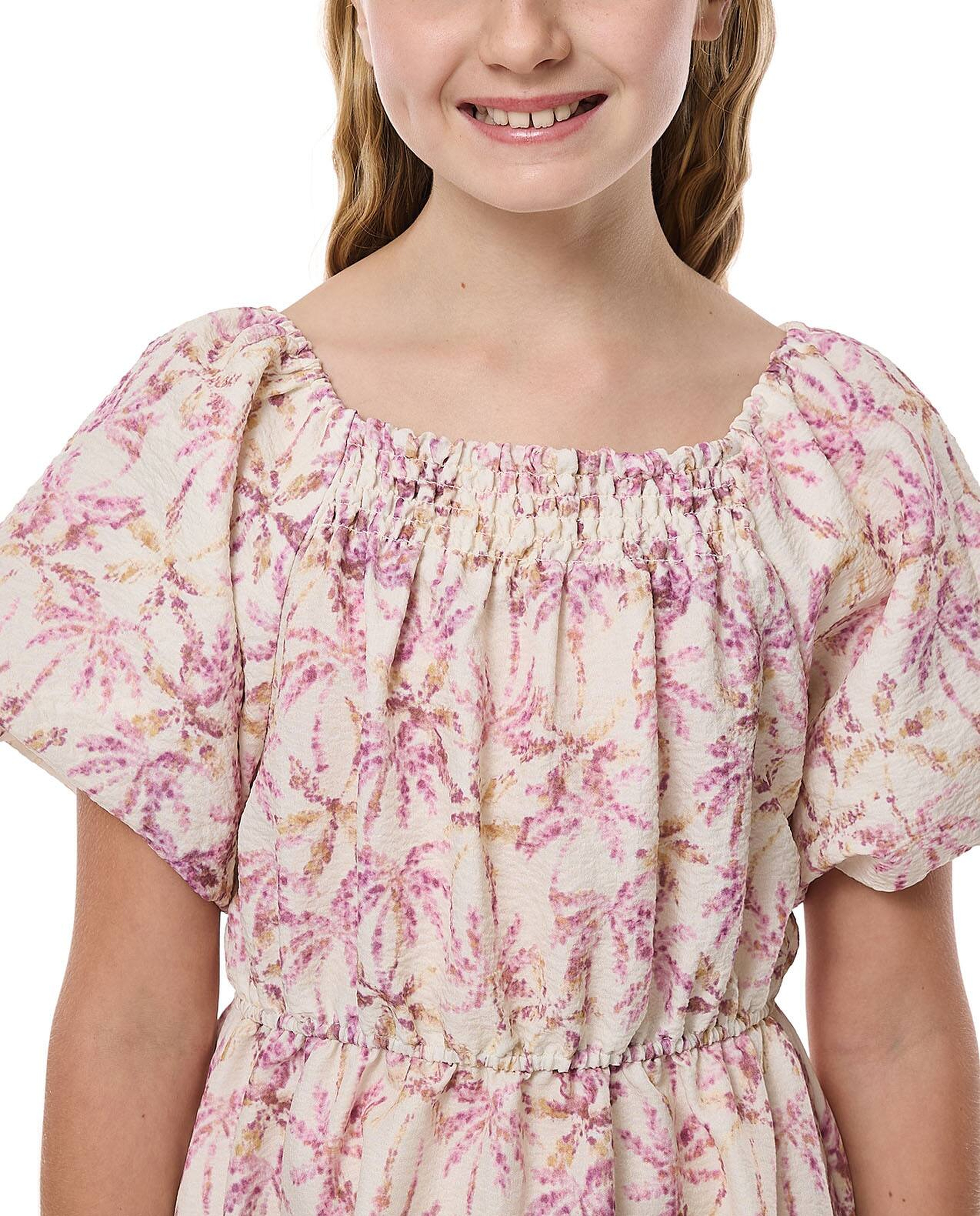 Printed Ruffle Hem Dress With Square Neck And Balloon Sleeves