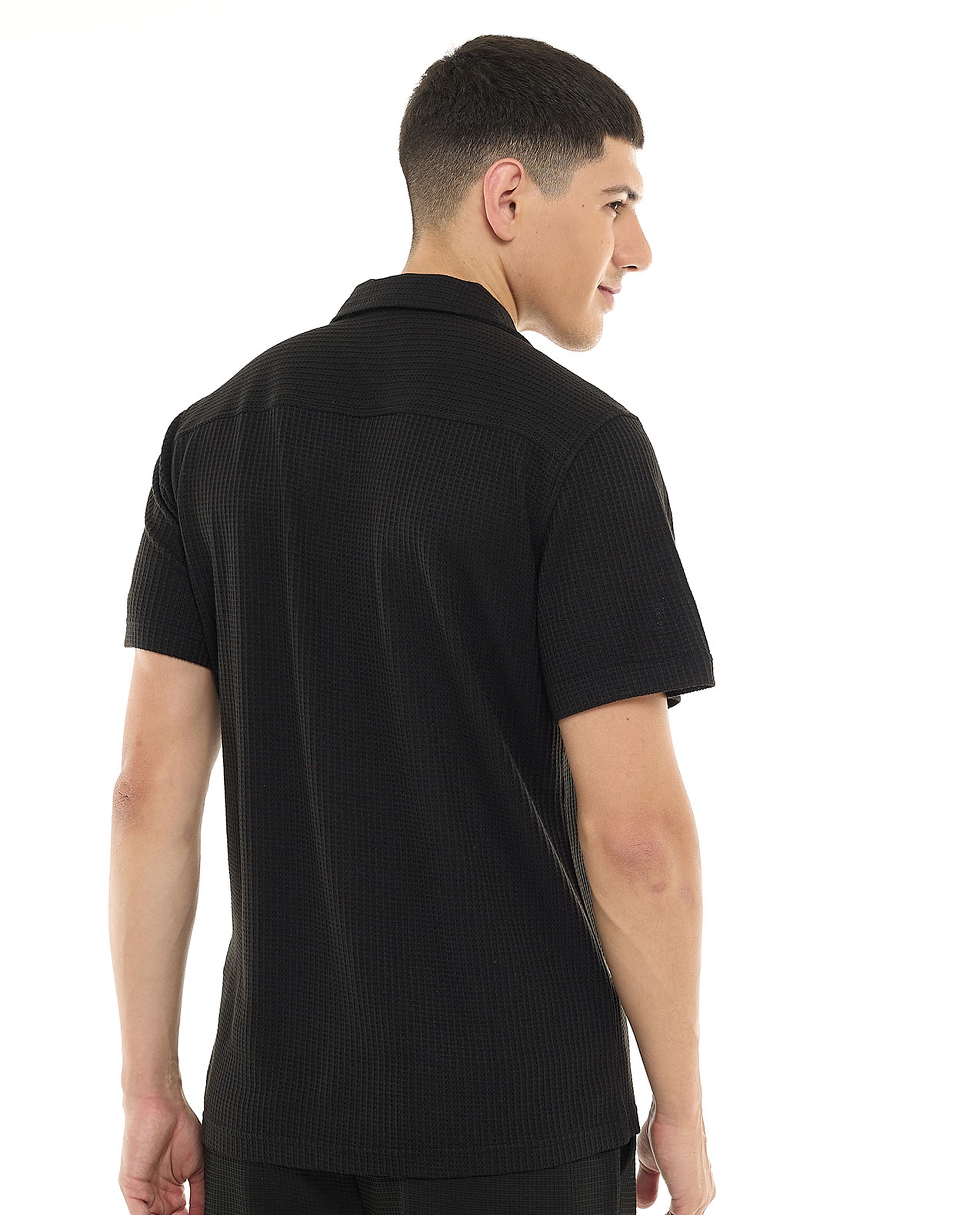 Textured Shirt with Revere Collar and Short Sleeves