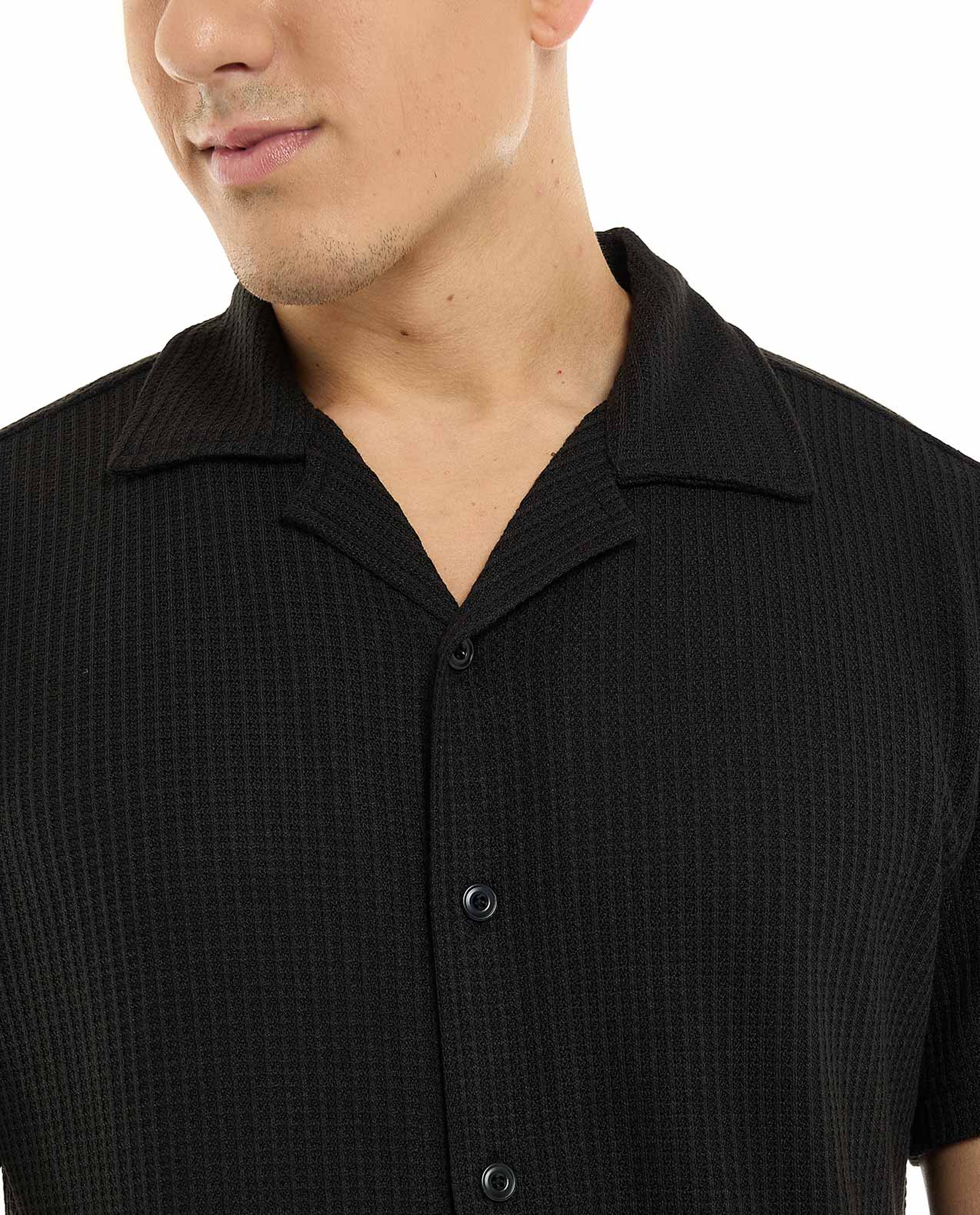 Textured Shirt with Revere Collar and Short Sleeves