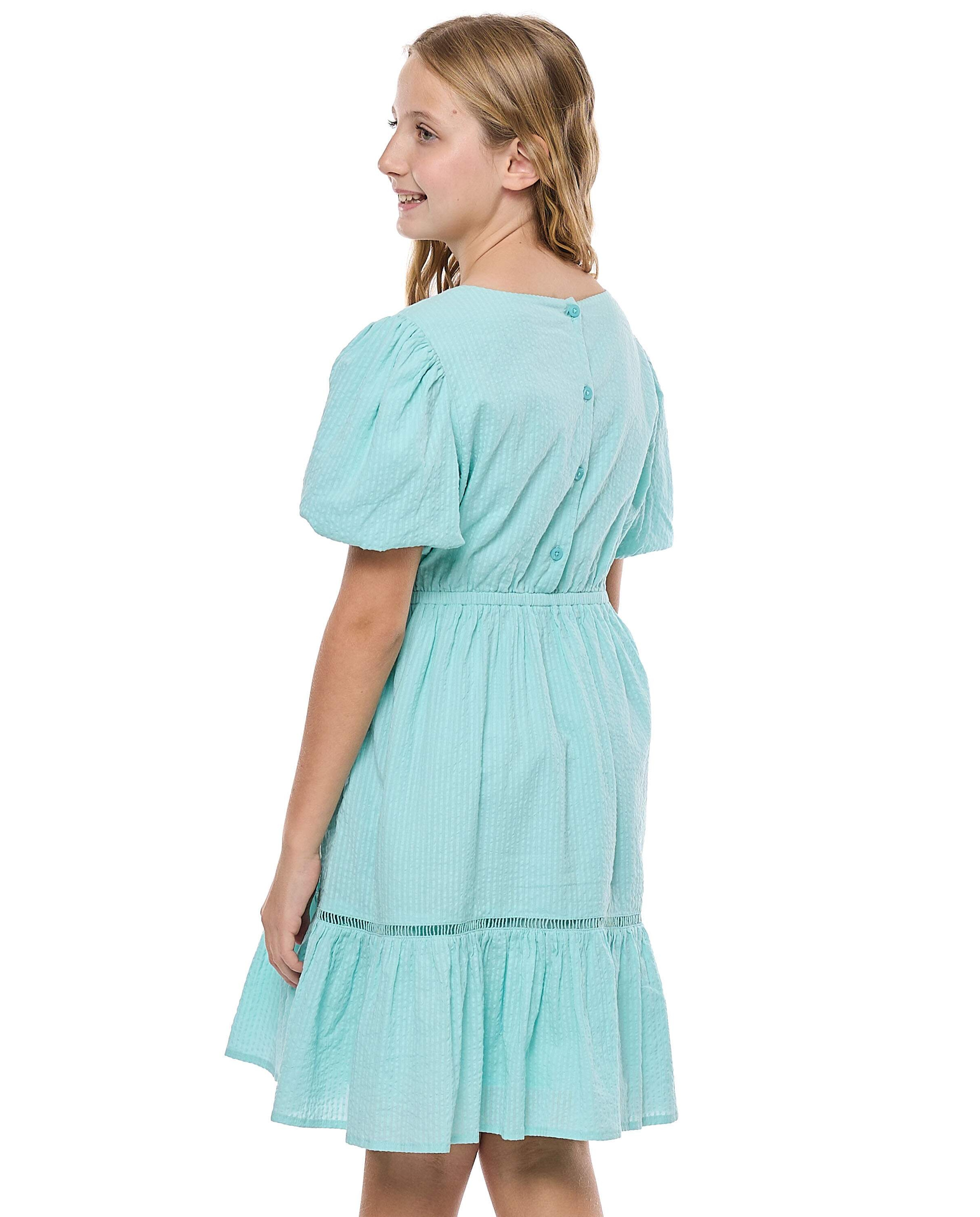 Woven Ruffle Hem Dress With Square Neck And Balloon Sleeves