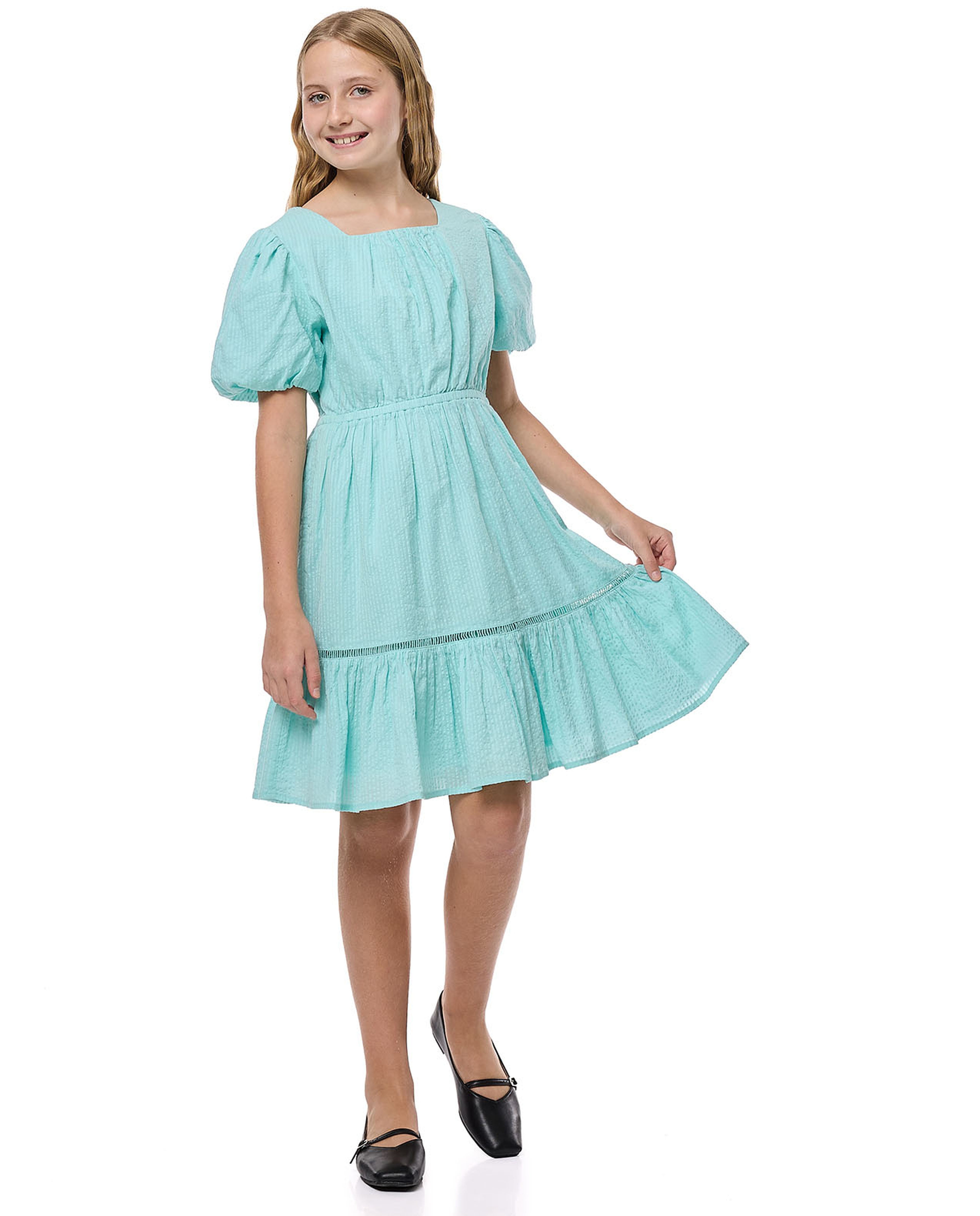 Woven Ruffle Hem Dress With Square Neck And Balloon Sleeves