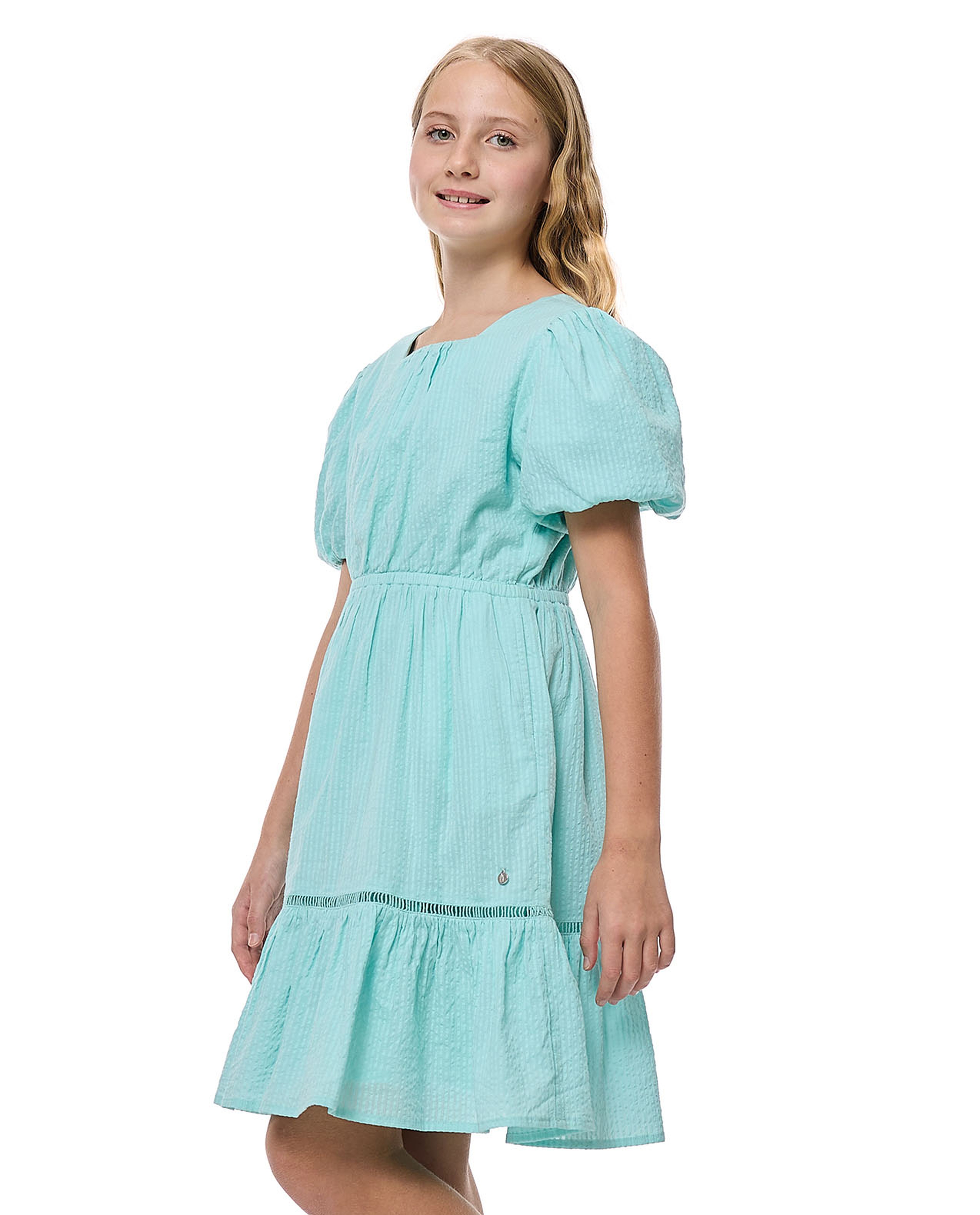 Woven Ruffle Hem Dress With Square Neck And Balloon Sleeves