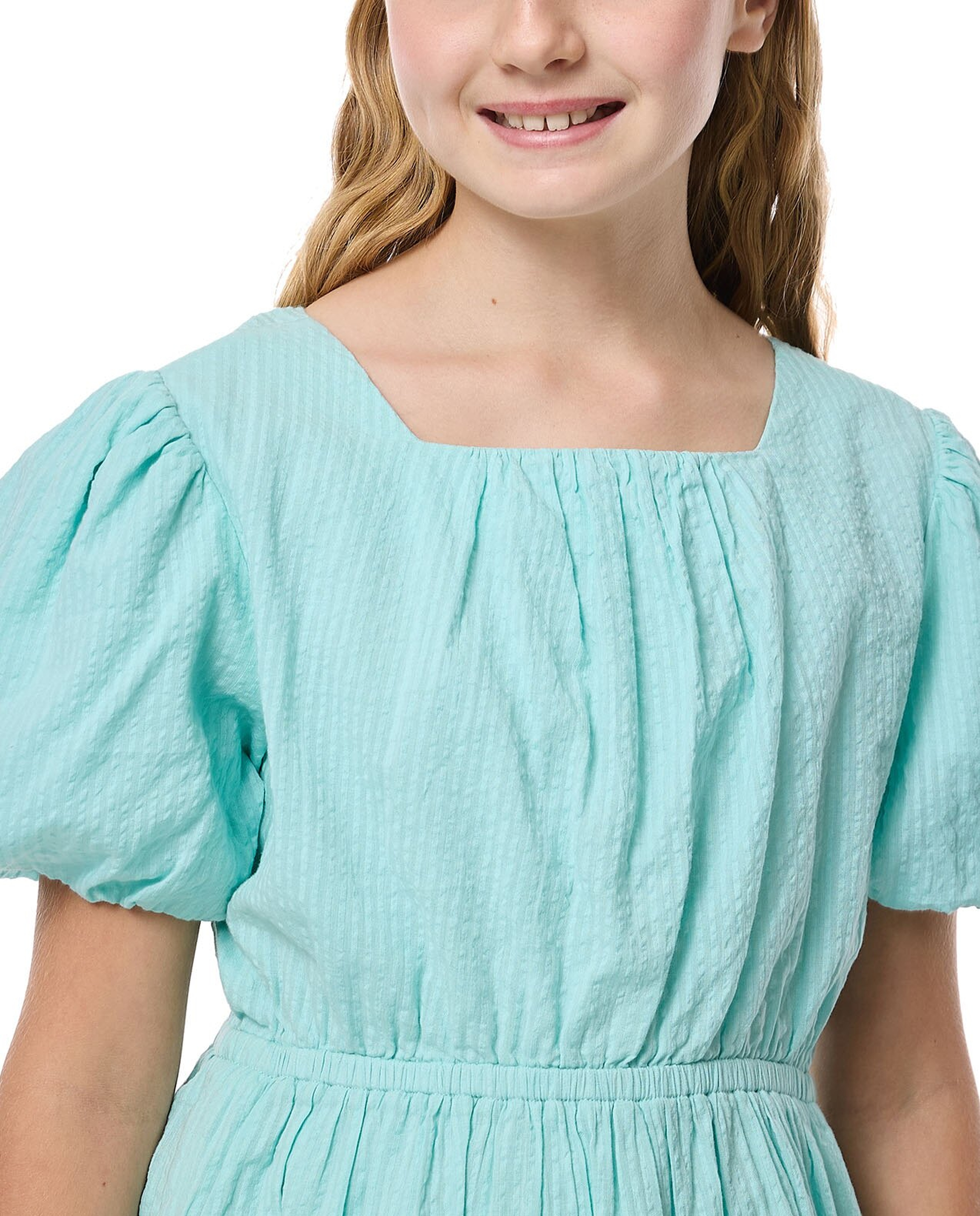 Woven Ruffle Hem Dress With Square Neck And Balloon Sleeves