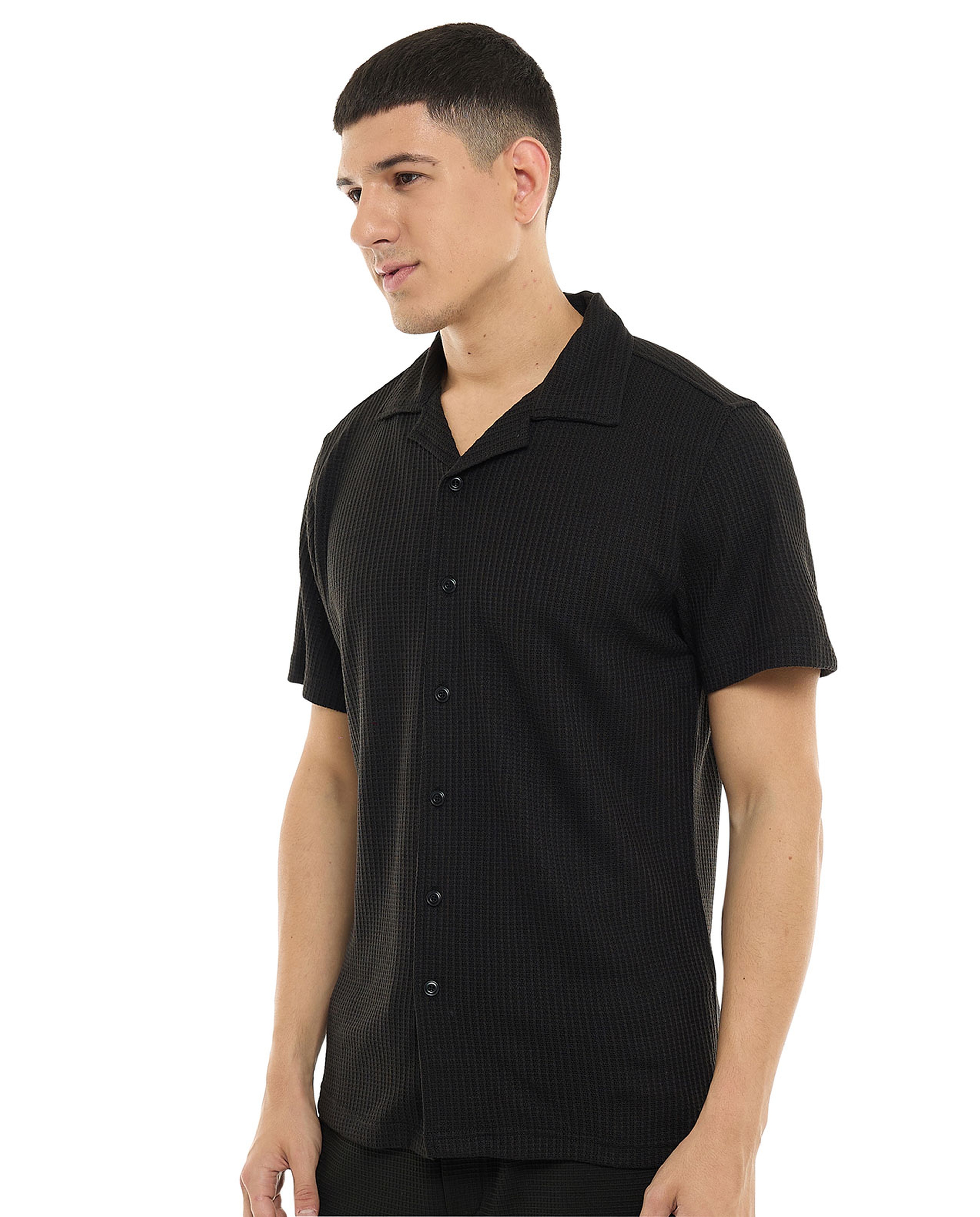 Textured Shirt with Revere Collar and Short Sleeves