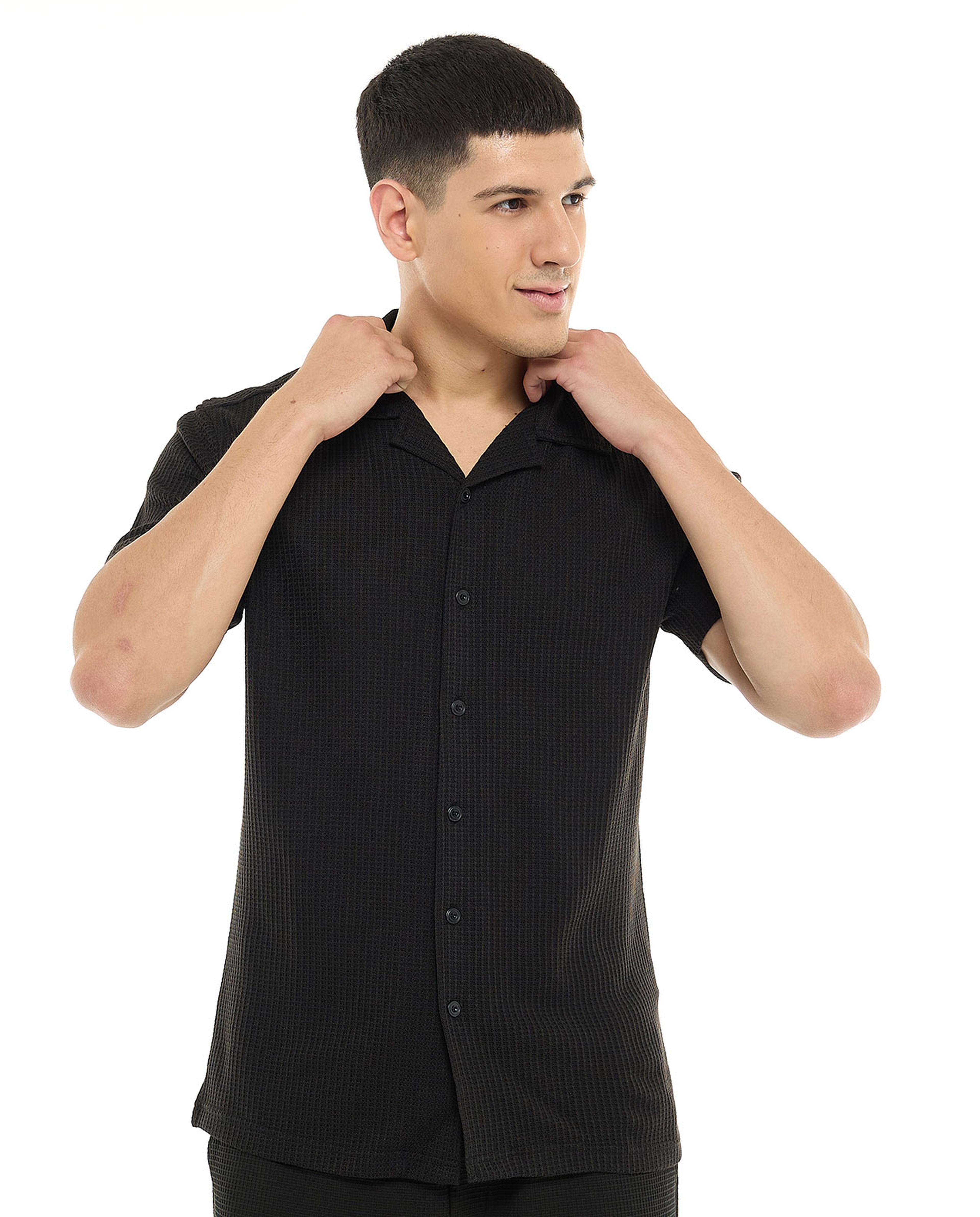 Textured Shirt with Revere Collar and Short Sleeves