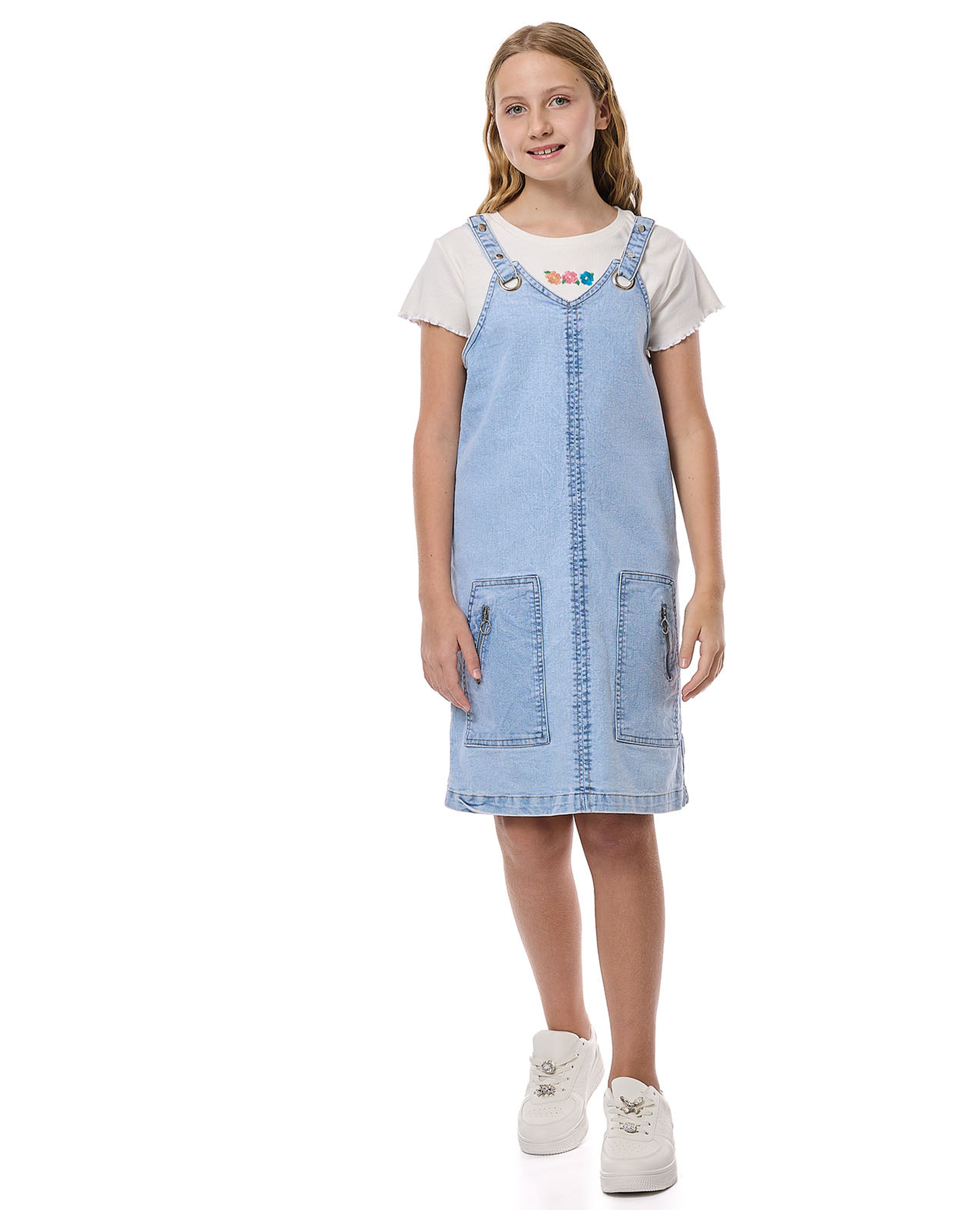 طقم توب بطبعة و فستان دينغري