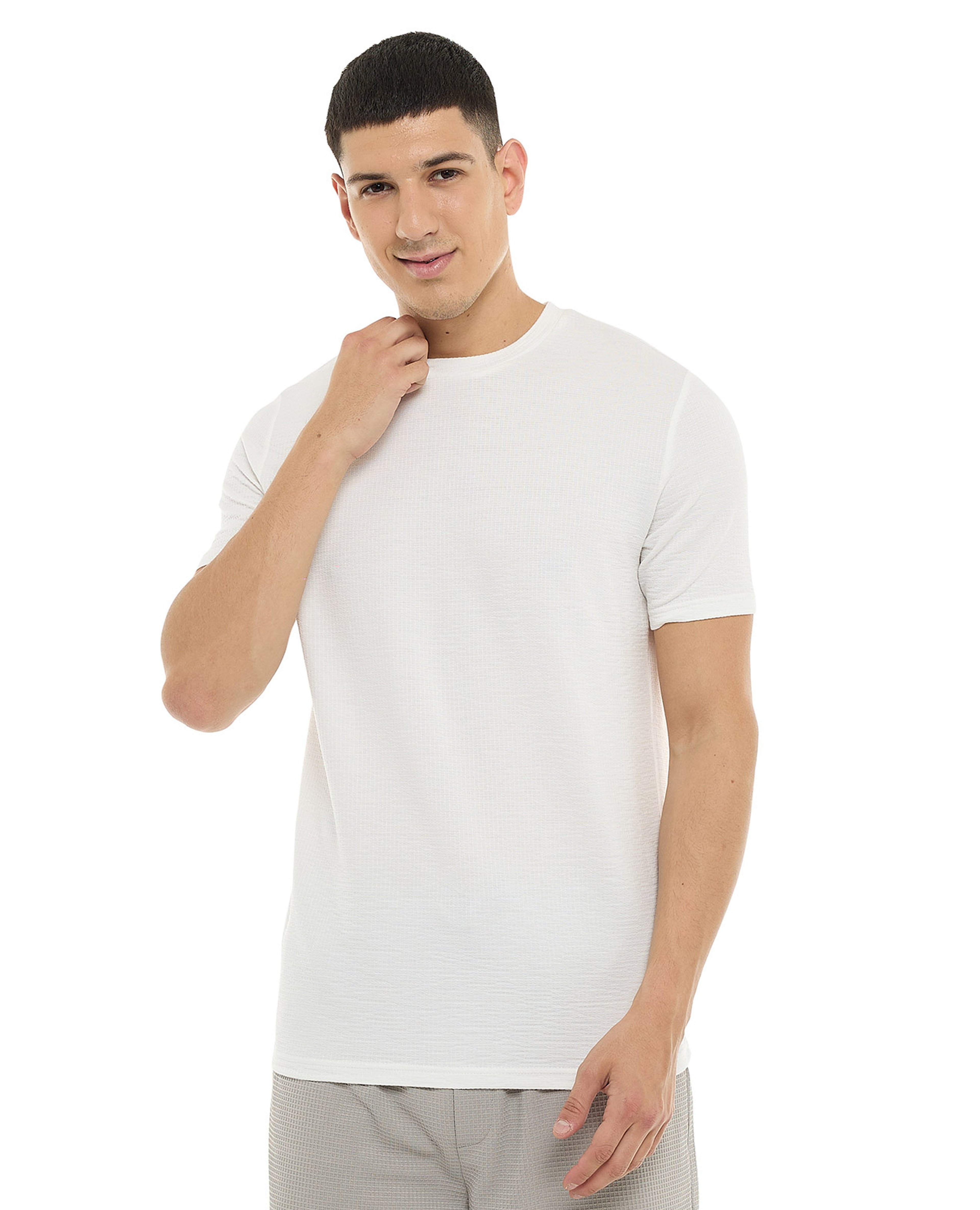 Textured T-Shirt with Crew Neck and Short Sleeves