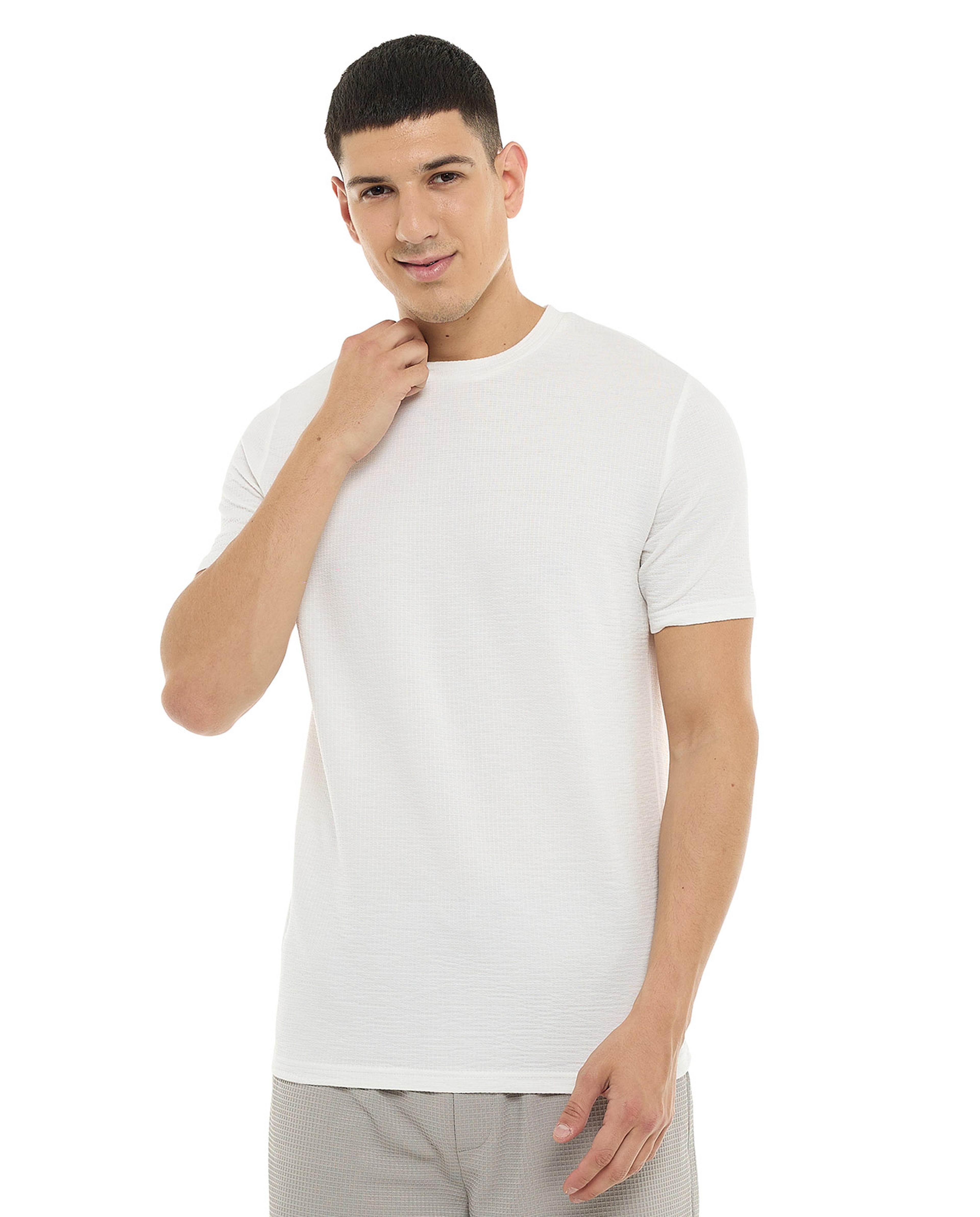 Textured T-Shirt with Crew Neck and Short Sleeves