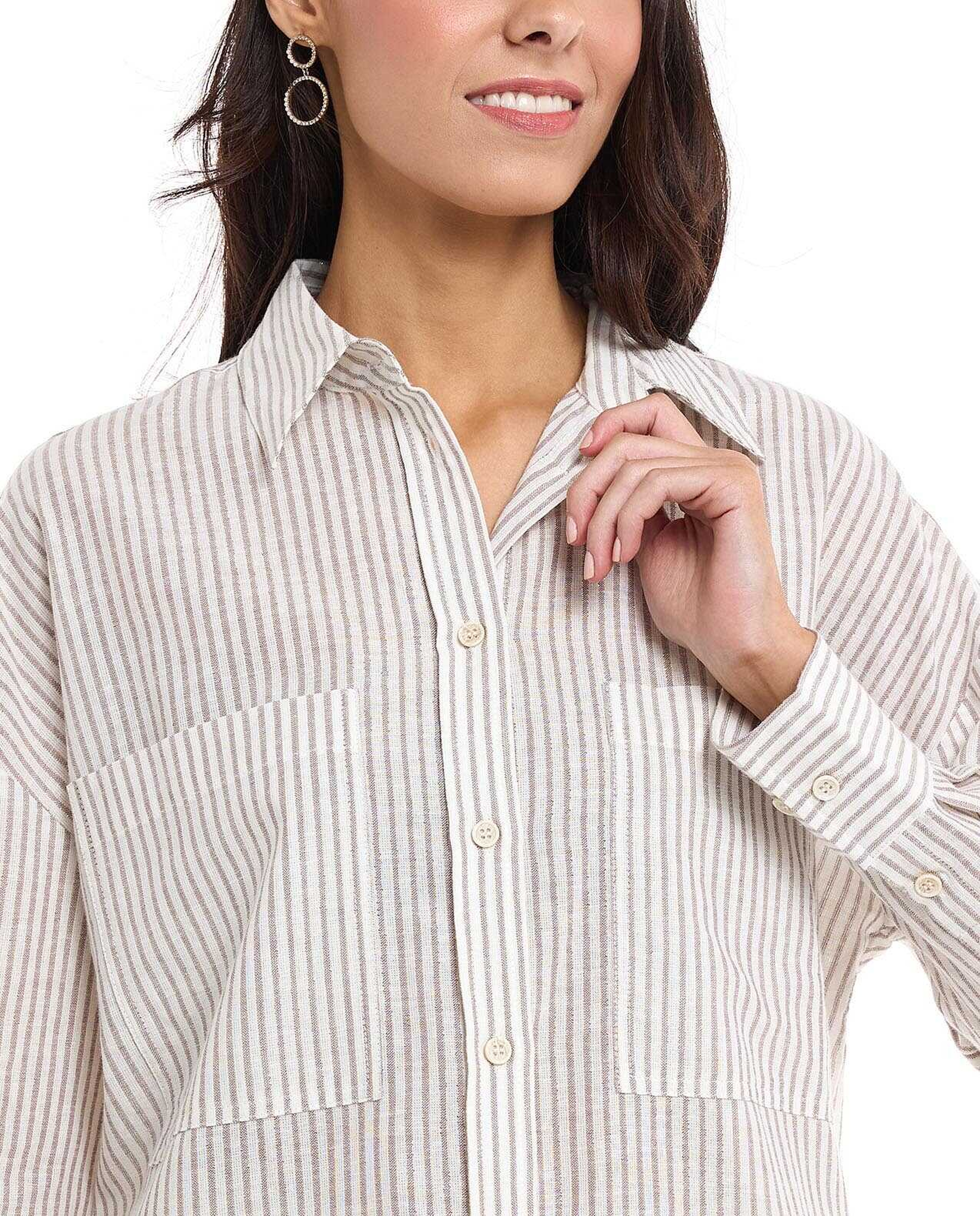 Striped Shirt with Spread Collar and Long Sleeves