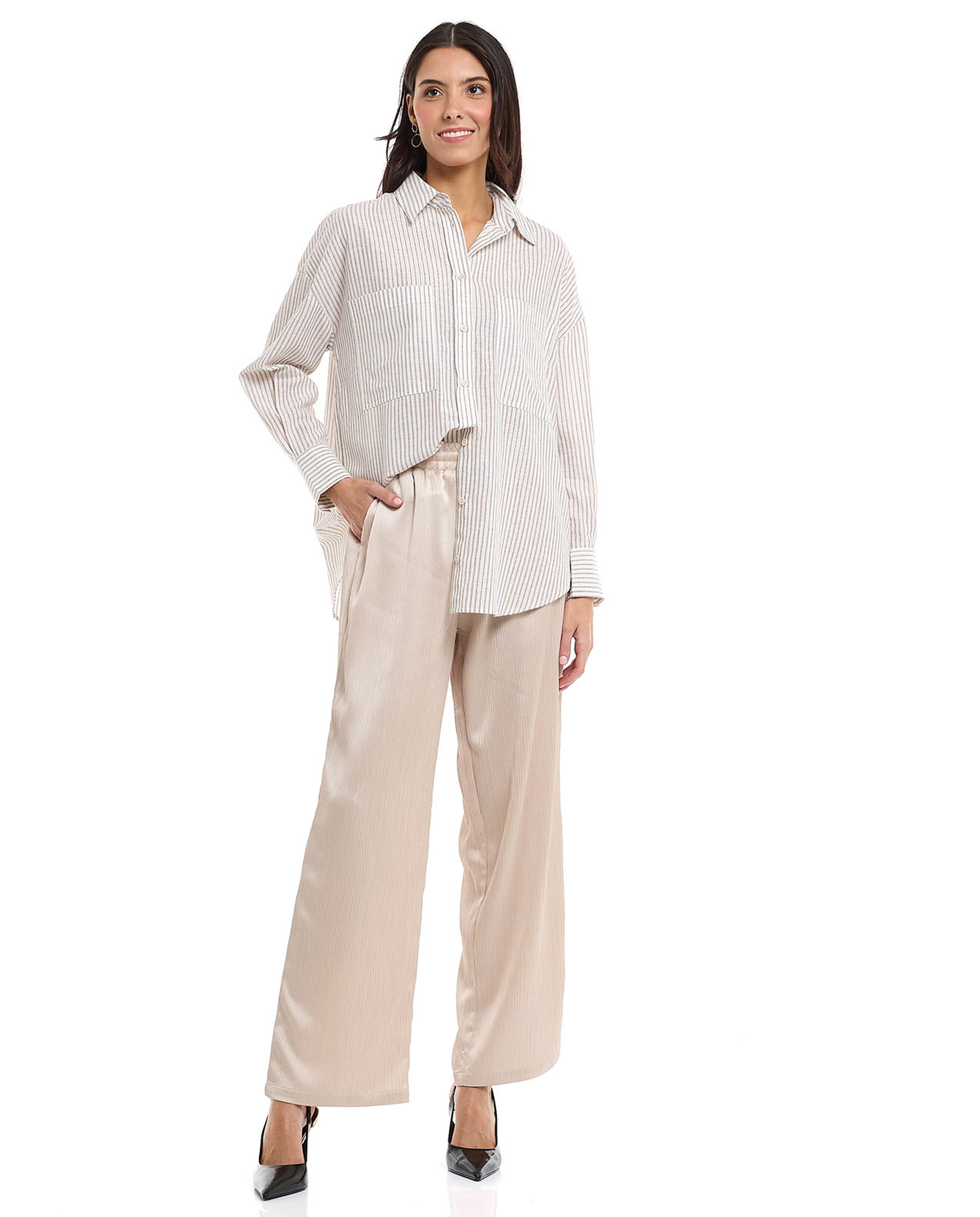 Striped Shirt with Spread Collar and Long Sleeves