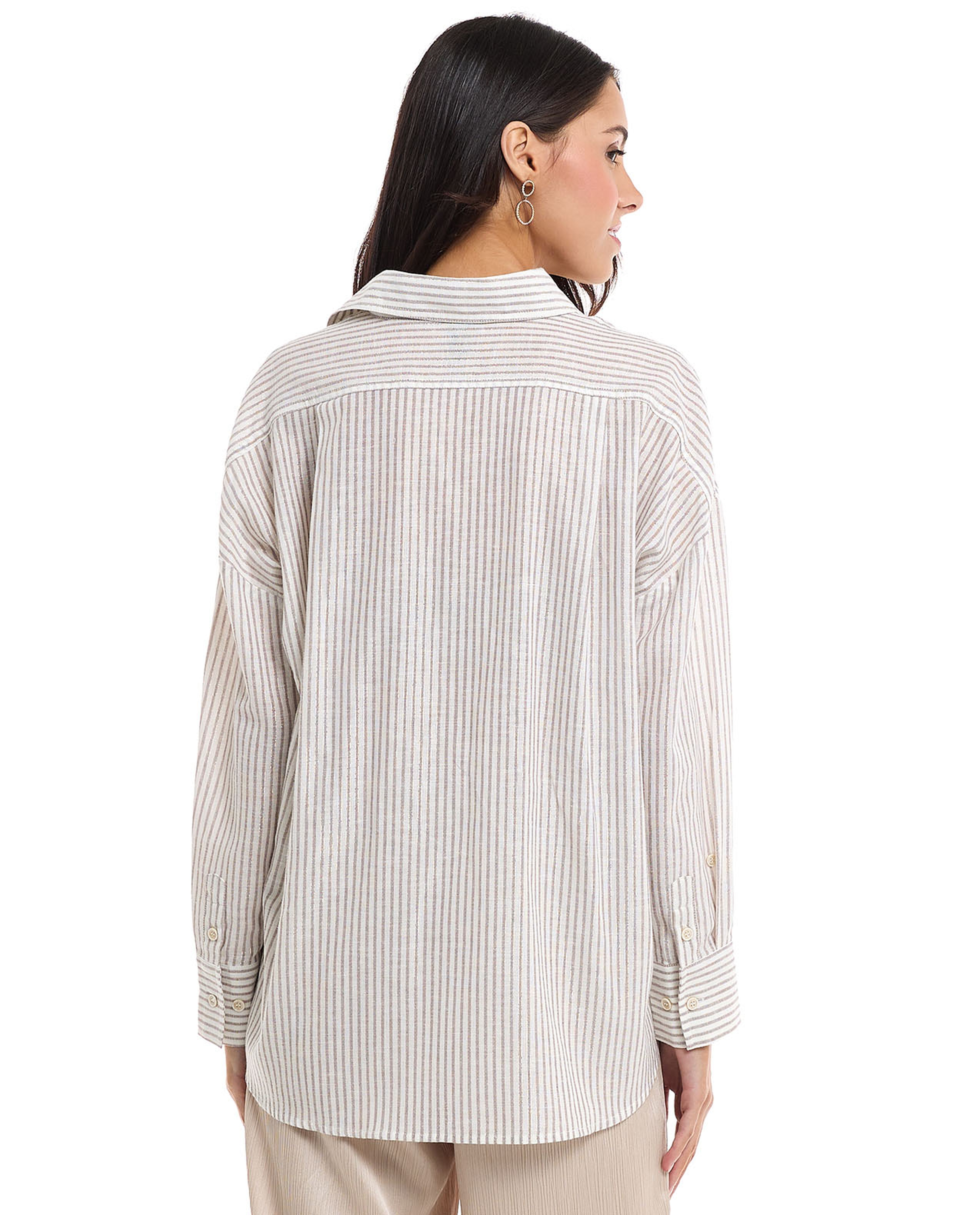 Striped Shirt with Spread Collar and Long Sleeves