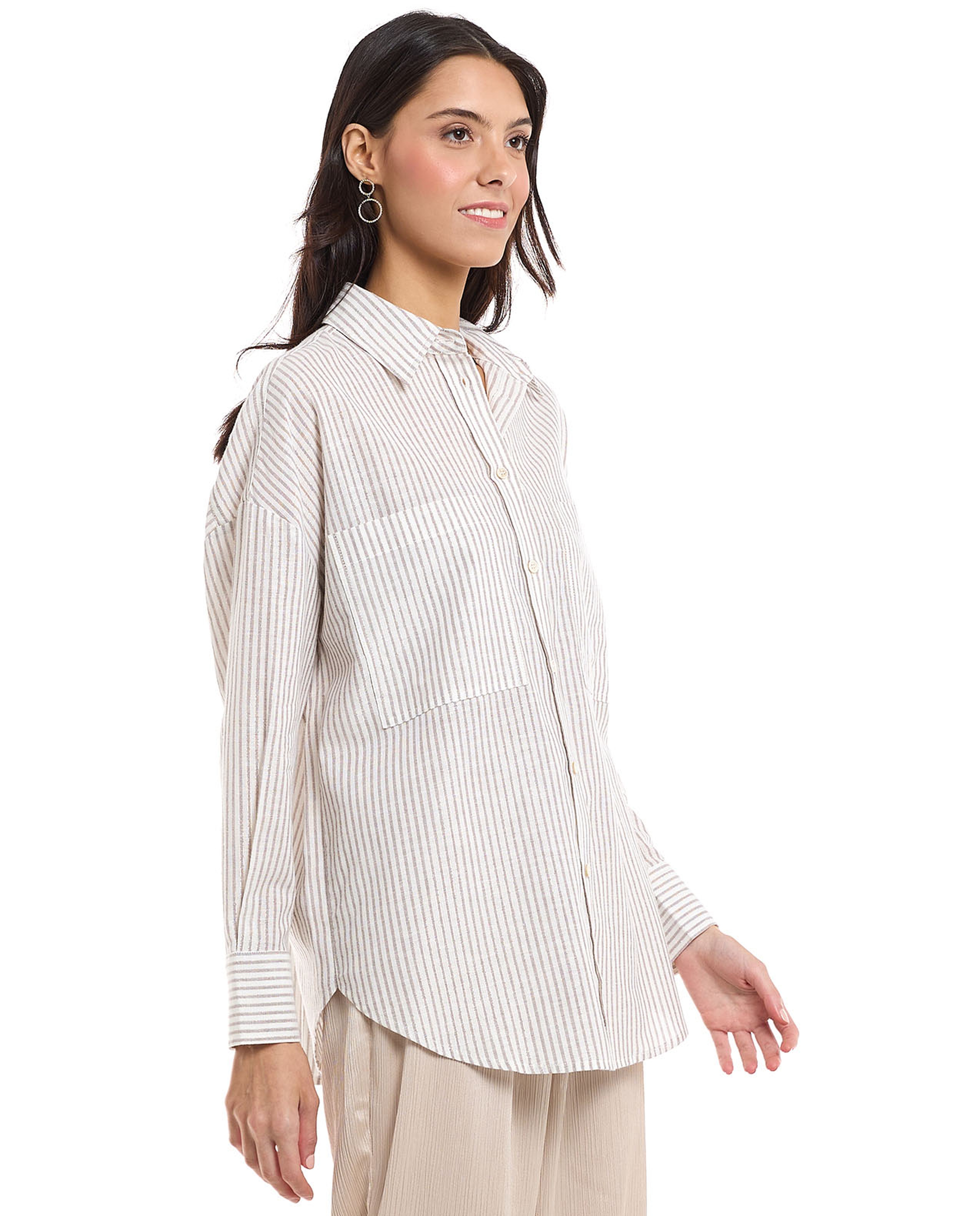 Striped Shirt with Spread Collar and Long Sleeves