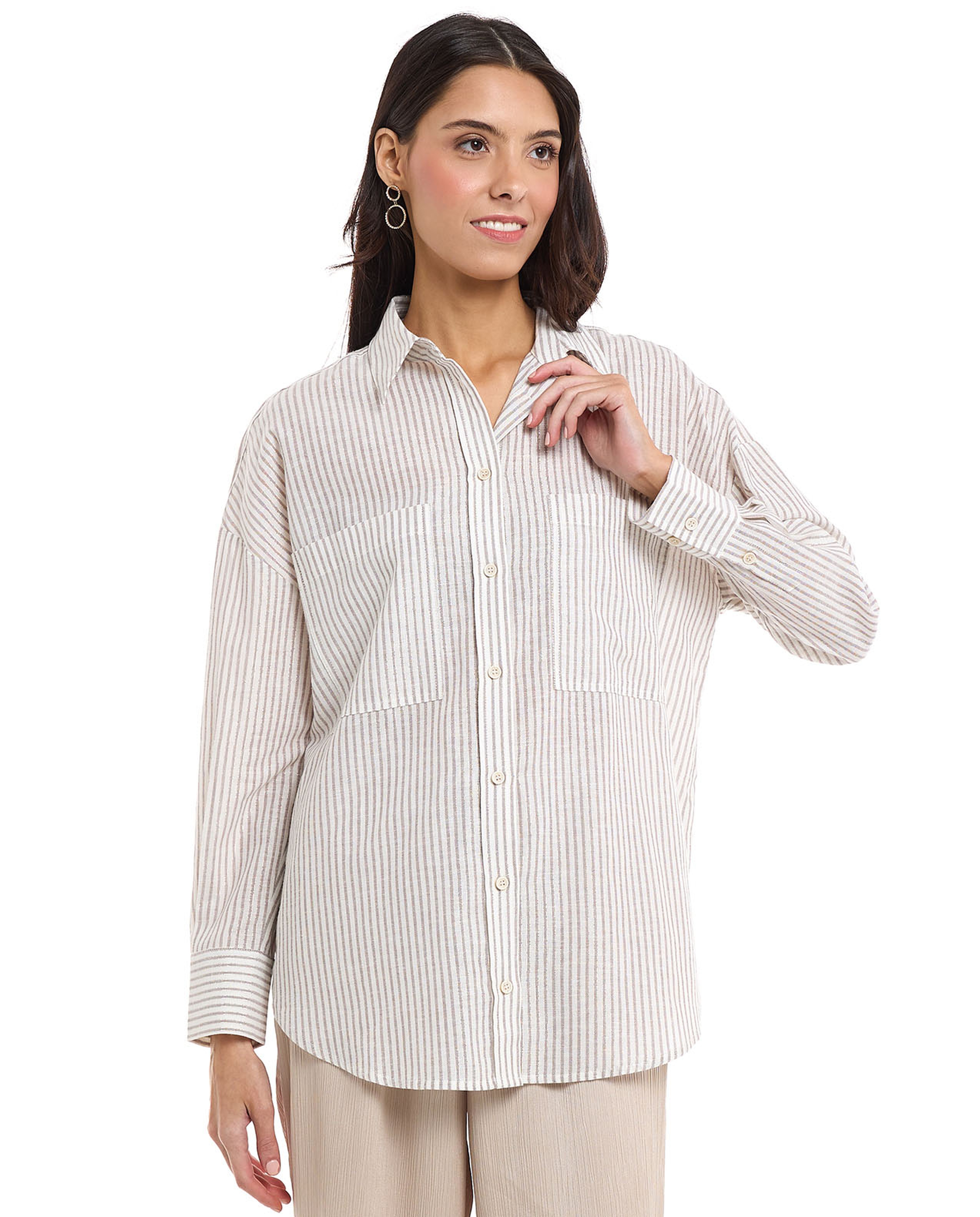 Striped Shirt with Spread Collar and Long Sleeves