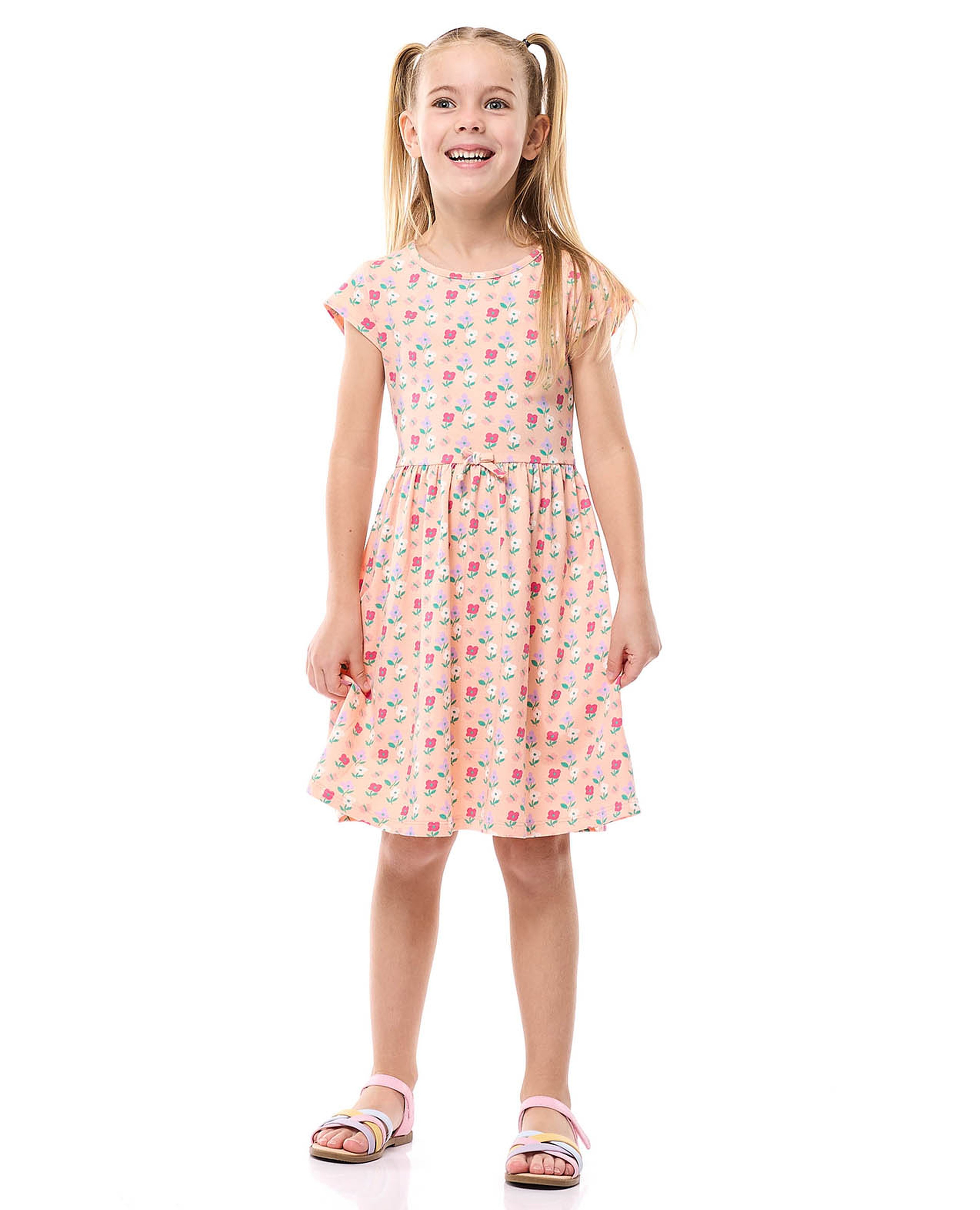 Floral Printed Flared Dress with Crew Neck and Short Sleeves