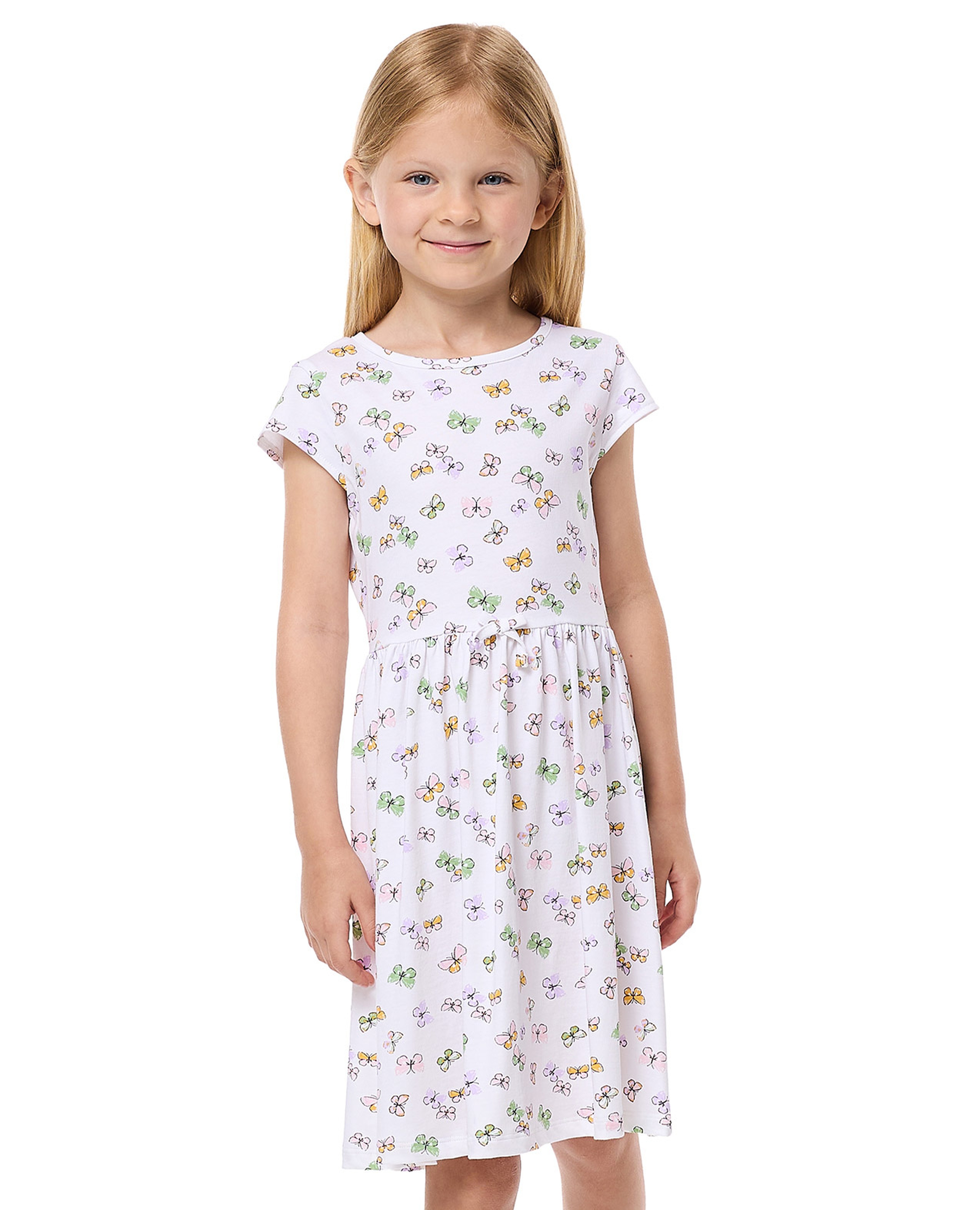 Printed Flared Dress with Crew Neck and Short Sleeves