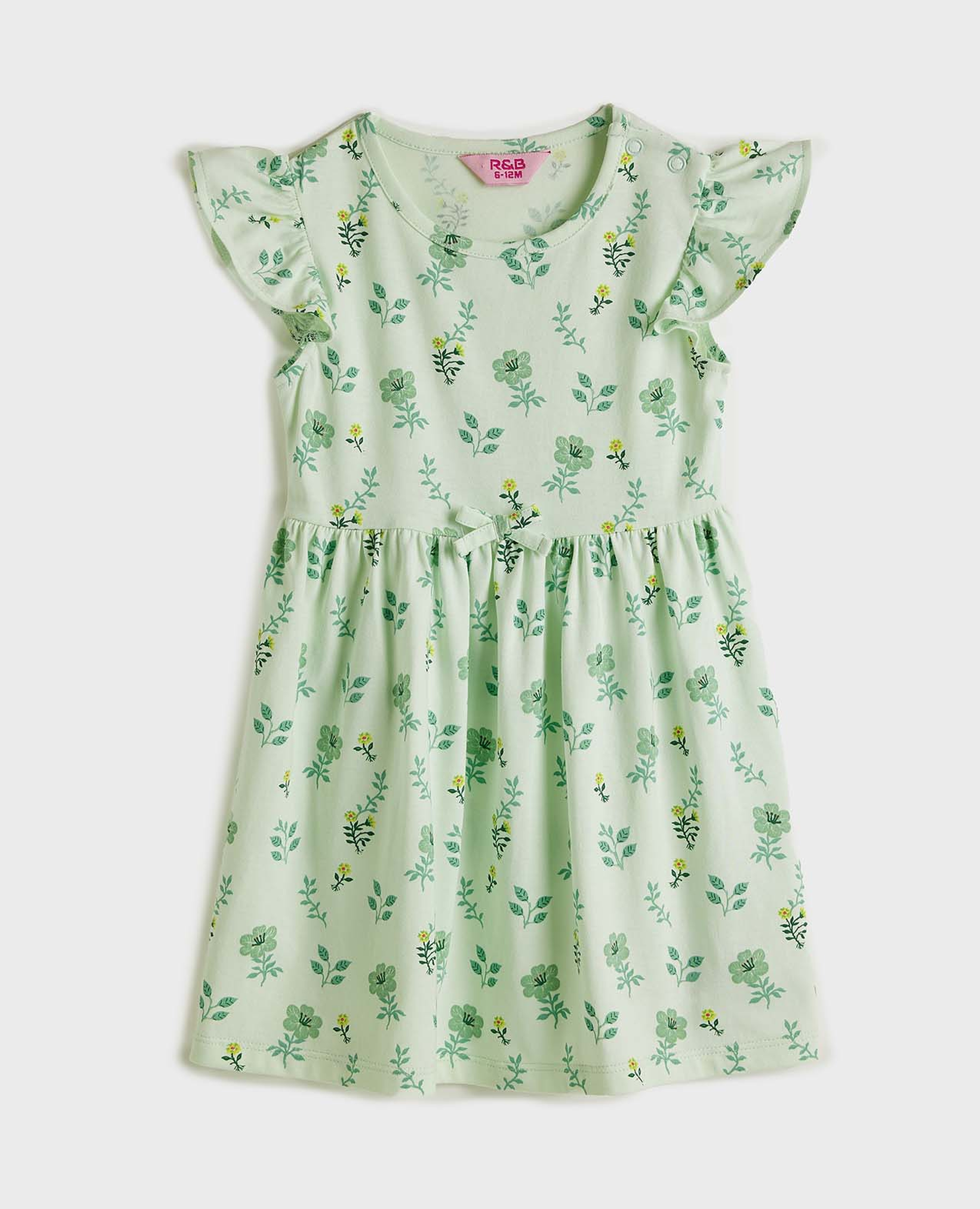 فستان مطبوع بياقة مستديرة وأكمام فلاتر