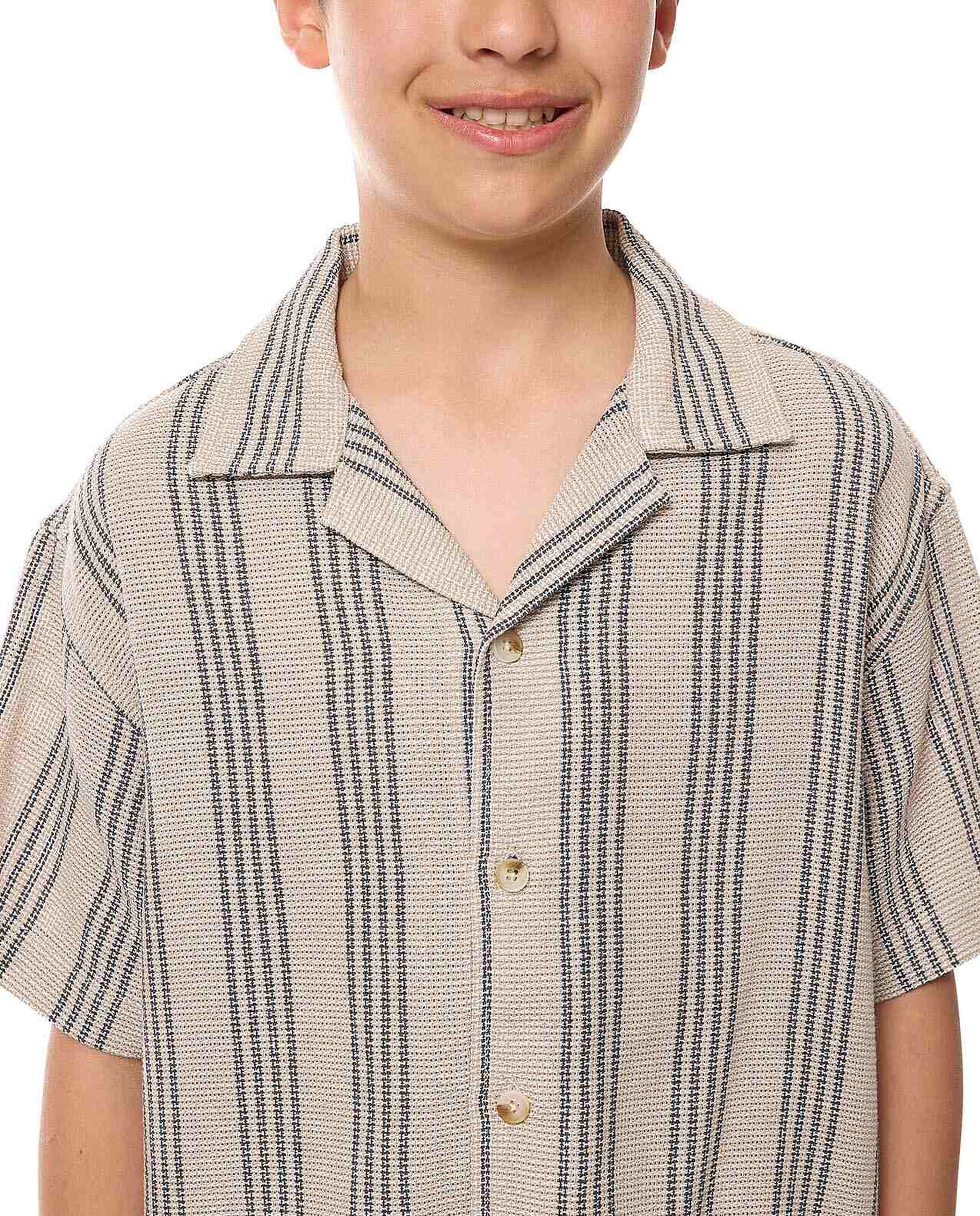 Striped Shirt with Revere Collar and Short Sleeves