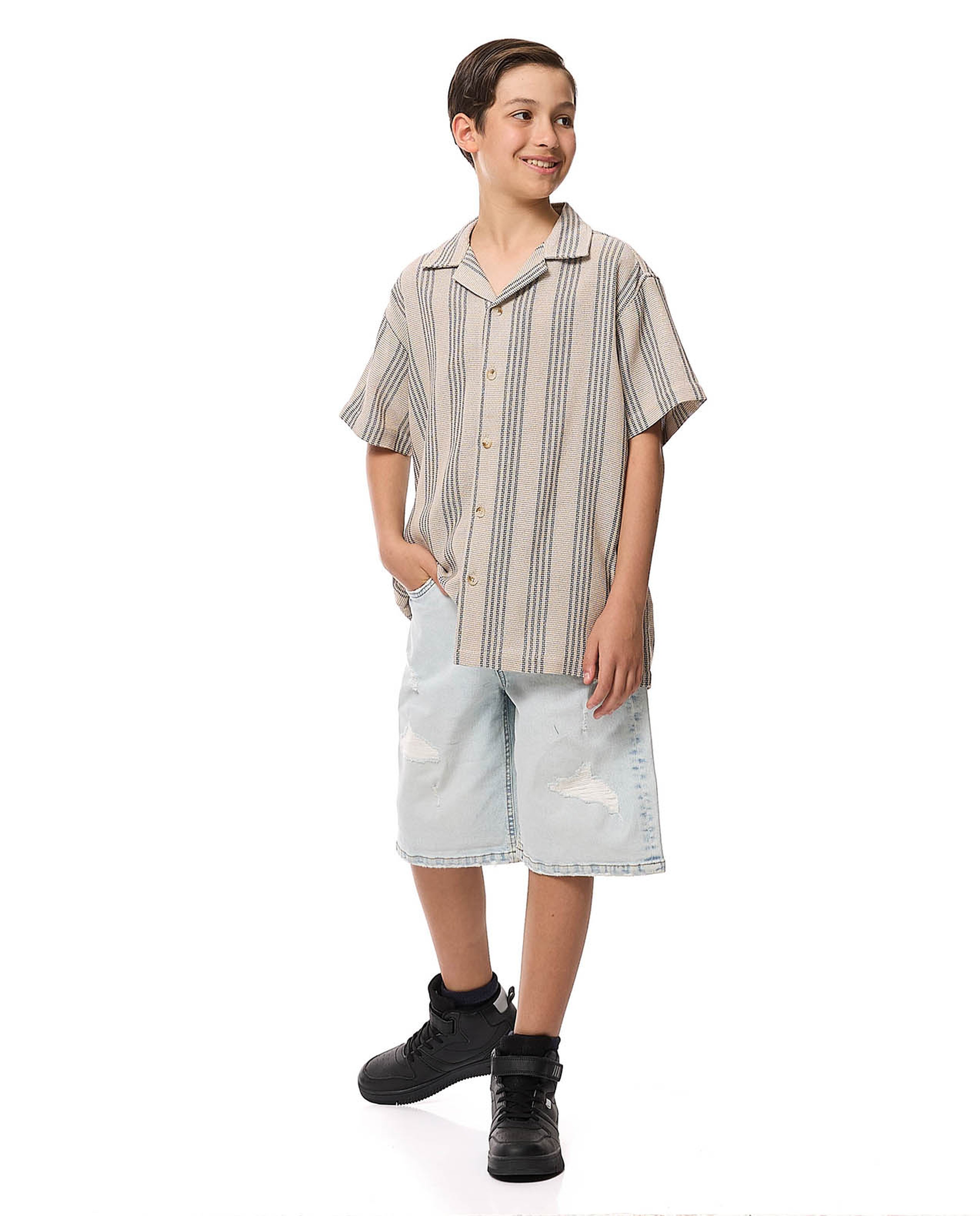 Striped Shirt with Revere Collar and Short Sleeves
