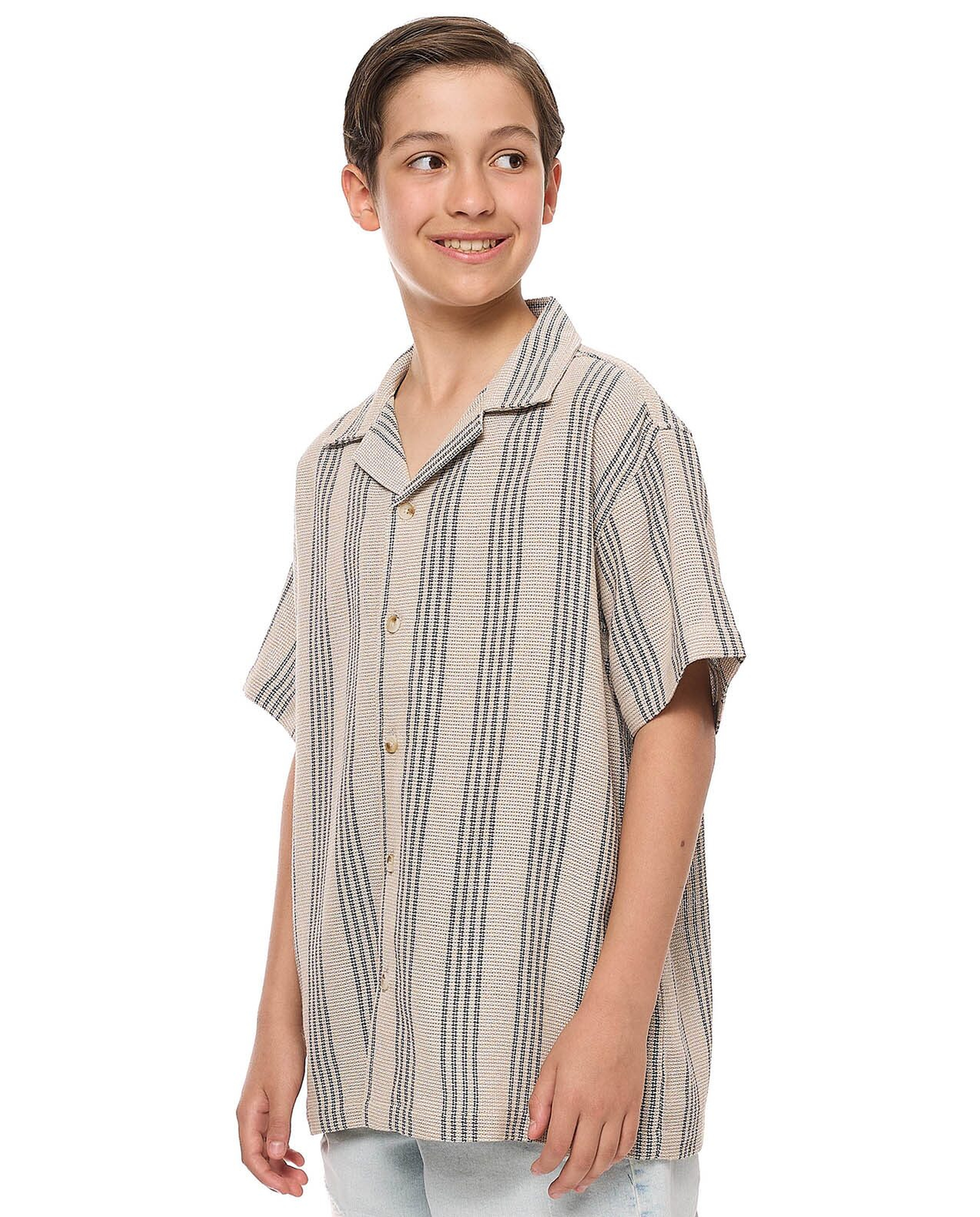 Striped Shirt with Revere Collar and Short Sleeves