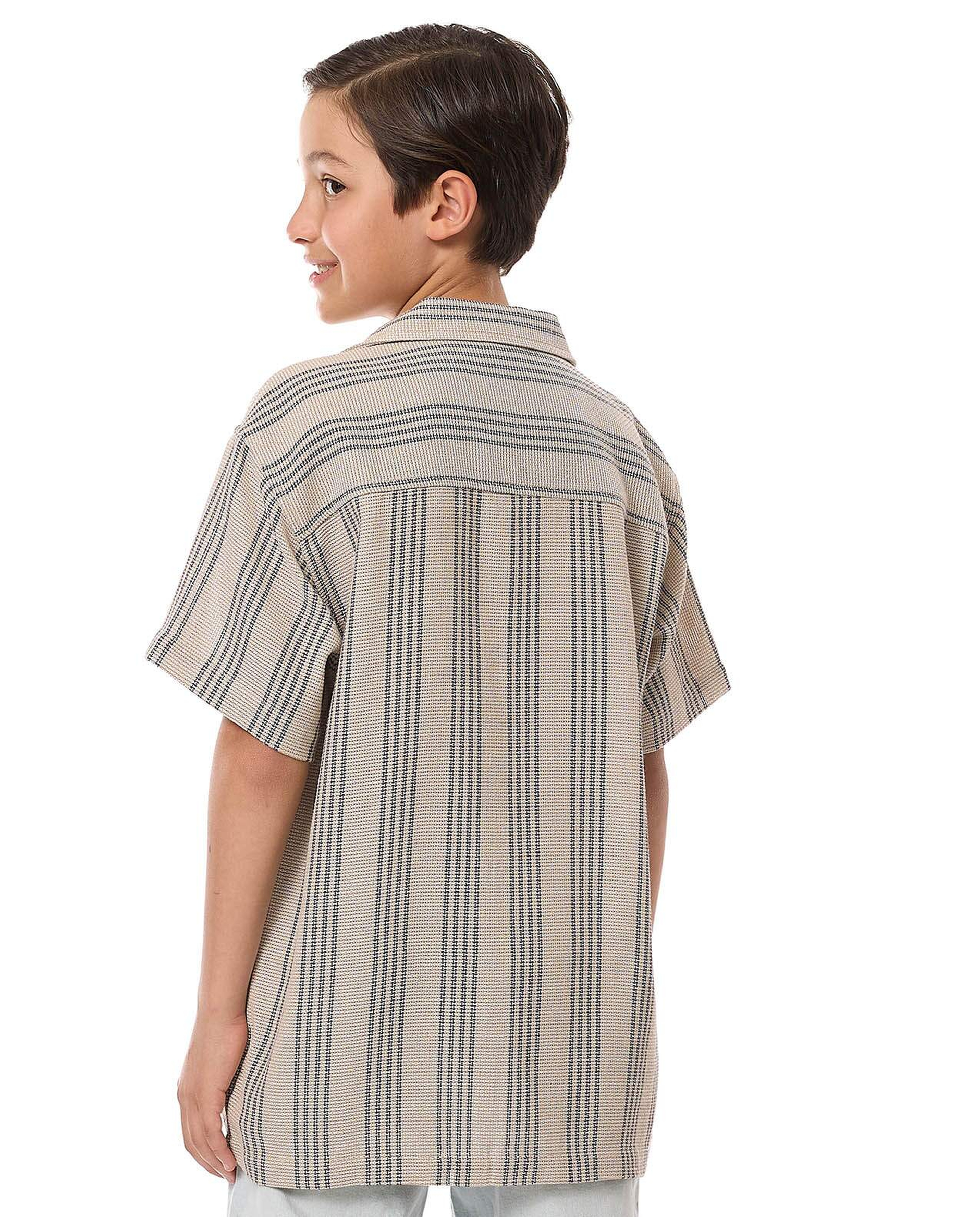 Striped Shirt with Revere Collar and Short Sleeves