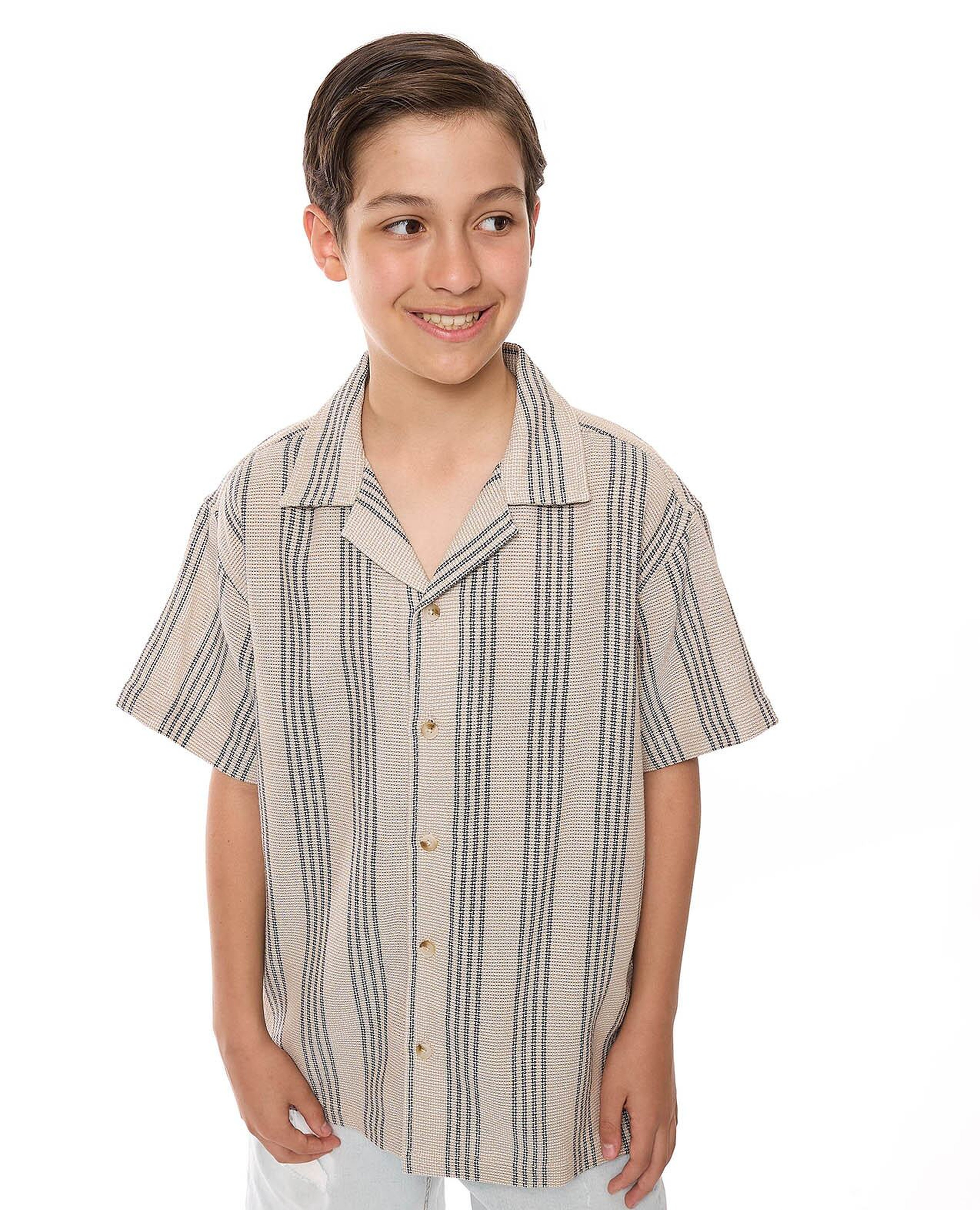 Striped Shirt with Revere Collar and Short Sleeves
