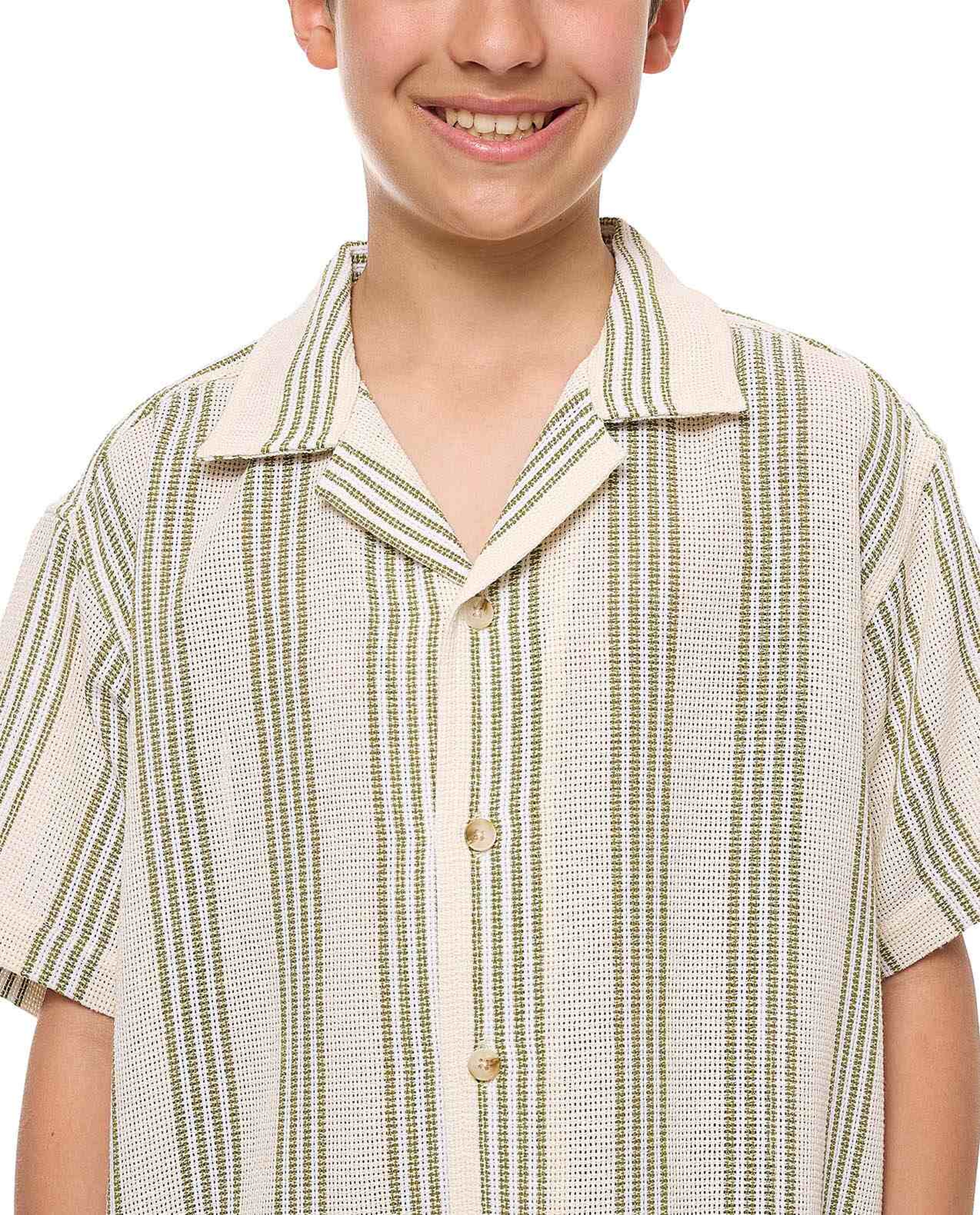 Striped Shirt with Revere Collar and Short Sleeves